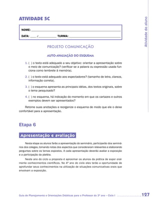 ATIVIDADE 5C




                                                                                          Atividade do aluno
  NOME: __________________________________________________________________________

  DATA: _____ /_______________ TURMA: ___________________________________________


                       Projeto ComuniCação

                       AUTO-AVALIAÇÃO DO ESQUEMA

     1. ( ) o texto está adequado a seu objetivo: orientar a apresentação sobre
        o meio de comunicação? (verificar se a palavra ou expressão usada fun-
        ciona como lembrete à memória).

     2. ( ) o texto está adequado aos espectadores? (tamanho de letra, clareza,
        informação correta).

     3. ( ) o esquema apresenta as principais idéias, dos textos originais, sobre
        o tema pesquisado?

     4. ( ) no esquema, há indicação do momento em que os cartazes e outros
        exemplos devem ser apresentados?

    Retome suas anotações e reorganize o esquema de modo que ele o deixe
confortável para a apresentação.



Etapa 6

 Apresentação e avaliação
      Nesta etapa os alunos farão a apresentação do seminário, participarão dos seminá-
rios dos colegas, tomando notas dos aspectos que consideraram relevantes e elaborando
perguntas sobre os temas expostos. A cada apresentação deverão avaliar a exposição
e a participação da platéia.
     Neste ano do ciclo a proposta é aproximar os alunos da prática de expor oral-
mente conhecimentos científicos. No 4º ano do ciclo eles terão a oportunidade de
aprofundar seus conhecimentos na utilização de situações comunicativas orais que
envolvam a exposição.




Guia de Planejamento e Orientações Didáticas para o Professor do 3O ano – Ciclo I         127
 