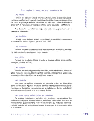 É NECESSáRIO CONHECER A SUA CLASSIFICAÇÃO




                                                                                    Atividade do aluno
     Lixo urbano
     Formado por resíduos sólidos em áreas urbanas, inclua-se aos resíduos do-
mésticos, os efluentes industriais domiciliares [emitidos de pequenas indústrias
de fundo de quintal] e resíduos comerciais. Do livro “Lixo - De onde vem? Para
onde vai?” de Francisco Luiz Rodrigues e Vilma Maria Gravinatto - Ed. Moderna

     Para determinar a melhor tecnologia para tratamento, aproveitamento ou
destinação final do lixo

     Lixo domiciliar
    Formado pelos resíduos sólidos de atividades residenciais, contém muita
quantidade de matéria orgânica, plástico, lata, vidro.

     Lixo comercial
     Formado pelos resíduos sólidos das áreas comerciais. Composto por maté-
ria orgânica, papéis, plásticos de vários grupos.

     Lixo público
     Formado por resíduos sólidos, produto de limpeza pública (areia, papéis,
folhagem, poda de árvores).

     Lixo especial
     Formado por resíduos geralmente industriais, merece tratamento, manipula-
ção e transporte especial. São eles, pilhas, baterias, embalagens de agrotóxicos,
embalagens de combustíveis, de remédios ou venenos.

     Lixo industrial
    Nem todos os resíduos produzidos por indústria, podem ser designados
como lixo industrial. Algumas indústrias do meio urbano produzem resíduos se-
melhantes ao doméstico, exemplo disto são as padarias; os demais poderão ser
enquadrados em lixo especial e ter o mesmo destino.

     Lixo de serviço de saúde (RSSS) [ou hospitalar]
     Os serviços hospitalares, ambulatoriais, farmácias, são geradores dos
mais variados tipos de resíduos sépticos, resultados de curativos, aplicação de
medicamentos que em contato com o meio ambiente ou misturado ao lixo do-
méstico poderão ser patógenos ou vetores de doenças, devem ser destinados
à incineração.



Guia de Planejamento e Orientações Didáticas para o Professor do 3O ano – Ciclo I   143
 