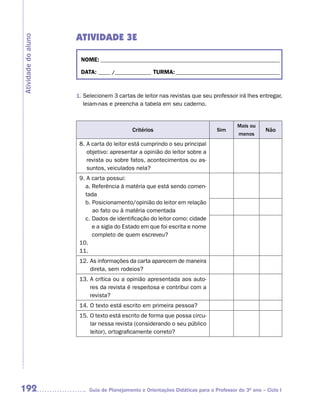 ATIVIDADE 3E
Atividade do aluno



                      NOME: __________________________________________________________________________

                      DATA: _____ /_______________ TURMA: ___________________________________________



                     1. Selecionem 3 cartas de leitor nas revistas que seu professor irá lhes entregar,
                        leiam-nas e preencha a tabela em seu caderno.


                                                                                        Mais ou
                                            Critérios                          Sim                  Não
                                                                                        menos
                      8. A carta do leitor está cumprindo o seu principal
                         objetivo: apresentar a opinião do leitor sobre a
                         revista ou sobre fatos, acontecimentos ou as-
                         suntos, veiculados nela?
                      9. A carta possui:
                        a. Referência à matéria que está sendo comen-
                        tada
                        b. Posicionamento/opinião do leitor em relação
                           ao fato ou à matéria comentada
                        c. Dados de identificação do leitor como: cidade
                           e a sigla do Estado em que foi escrita e nome
                           completo de quem escreveu?
                      10.
                      11.
                      12. As informações da carta aparecem de maneira
                          direta, sem rodeios?
                      13. A crítica ou a opinião apresentada aos auto-
                          res da revista é respeitosa e contribui com a
                          revista?
                      14. O texto está escrito em primeira pessoa?
                      15. O texto está escrito de forma que possa circu-
                          lar nessa revista (considerando o seu público
                          leitor), ortograficamente correto?




192                       Guia de Planejamento e Orientações Didáticas para o Professor do 3O ano – Ciclo I
 
