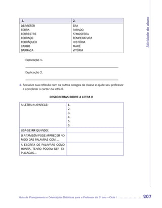 Atividade do aluno
  1.                                         2.
 DERRETER                                    ERA
 TERRA                                       PARADO
 TERRESTRE                                   ATMOSFERA
 TERRAÇO                                     TEMPERATURA
 TERRÁQUEO                                   HISTÓRIA
 CARRO                                       MARÉ
 BARRACA                                     VITÓRIA


       Explicação 1.

       ______________________________________________________________

       Explicação 2.

       ______________________________________________________________

4. Socialize sua reflexão com os outros colegas da classe e ajude seu professor
   a completar o cartaz da letra R.

                         DESCOBERTAS SOBRE A LETRA R

 A LETRA R APARECE:                     1.
                                        2.
                                        3.
                                        4.
                                        5.
                                        6.
 USA-SE RR QUANDO:
 O R TAMBÉM PODE APARECER NO
 MEIO DAS PALAVRAS COM ...
 A ESCRITA DE PALAVRAS COMO
 HONRA, TENRO PODEM SER EX-
 PLICADAS...




Guia de Planejamento e Orientações Didáticas para o Professor do 3O ano – Ciclo I   207
 
