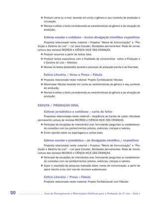 Produzir carta ou e-mail, levando em conta o gênero e seu contexto de produção e
       n	
        circulação.
        Revisar e editar o texto considerando as características do gênero e da situação de
       n	
        produção..

         Esferas escolar e cotidiana – textos divulgação científica- expositivos
          Proposta relacionada neste material – Projetos “Meios de Comunicação” e “Pro-
     dução e Destino do Lixo” – Ler para Estudar; Atividades permanentes: Roda de Jornal,
     Leitura das revistas RECREIO e CIÊNCIA HOJE DAS CRIANÇAS.
        Produzir resumos a partir de textos lidos
       n	
        Produzir textos expositivos com a finalidade de conscientizar sobre a Produção e
       n	
        o Destino do Lixo – folhetos;
        Revisar os textos produzidos durante o processo de produção escrita e ao final dele.
       n	

         Esfera Literária / Verso e Prosa – Fábula
        Proposta relacionada neste material: Projeto Confabulando Fábulas
       n	
        Reescrever fábulas levando em conta as características do gênero e seu contexto
       n	
        de produção.
        Revisar e editar o texto considerando as características do gênero e da situação de
       n	
        produção.


     ESCUTA / PRODUÇÃO ORAL
         Esferas jornalística e cotidiana – carta de leitor
         Propostas relacionadas neste material – Seqüência de Cartas de Leitor; Atividade
     permanente Leitura de revistas RECREIO e CIÊNCIA HOJE DAS CRIANÇAS.
        Participar de situações de intercâmbio oral, formulando perguntas ou estabelecen-
       n	
        do conexões com os conhecimentos prévios, vivências, crenças e valores.
        Emitir opinião sobre as reportagens e cartas lidas.
       n	

         Esferas escolar e jornalística – de divulgação científica / expositivos
          Proposta relacionada neste material – Projetos “Meios de Comunicação” e “Pro-
     dução e Destino do Lixo” – Ler para Estudar; Atividades permanentes: Roda de Jornal,
     Leitura das revistas RECREIO e CIÊNCIA HOJE DAS CRIANÇAS.
        Participar de situações de intercâmbio oral, formulando perguntas ou estabelecen-
       n	
        do conexões com os conhecimentos prévios, vivências, crenças e valores.
        Expor o resultado da pesquisa realizada sobre meios de comunicação, a partir de
       n	
        apoio escrito e/ou com uso de recursos audiovisuais.

         Esfera Literária / Prosa – Fábula
         Proposta relacionada neste material: Projeto Confabulando com Fábulas



20        Guia de Planejamento e Orientações Didáticas para o Professor do 3O ano – Ciclo I
 