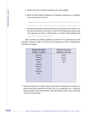 a. Sobre o que fala o poema? Converse com seus colegas.
Atividade do aluno


                         b. Retire do texto todas as palavras em destaque, observe-as e responda:
                            o que elas têm em comum?

                            ______________________________________________________________

                            ______________________________________________________________

                         c. Na segunda estrofe do poema aparecem duas palavras que indicam coi-
                            sas que aconteceram e que têm a mesma terminação das palavras que
                            você organizou em lista, no texto O leão e o ratinho. Estas palavras são
                            ______________________________.

                         Agora compare as palavras grifadas do poema com as palavras que você
                     estudou na fábula O leão e o ratinho. Leia as palavras em voz e respondas às
                     questões em duplas


                                  Palavras da fábula                   Palavras do poema
                                  O leão e o ratinho                   Mariana e seu varal
                                        Acordou                                Varal
                                       Prendeu                                Lençol
                                       Implorou                                Vitral
                                         Pediu                                  Sal
                                       Desistiu
                                         Deixou
                                         Ficou
                                       Apareceu
                                          Roeu




                     2. Lendo as palavras do quadro nota-se que elas têm diferenças na escrita; na
                        primeira coluna as palavras terminam com U e na segunda com L. Estas pa-
                        lavras possuem sons semelhantes. Esta semelhança pode causar confusão
                        na hora de escrevê-las.




218                      Guia de Planejamento e Orientações Didáticas para o Professor do 3O ano – Ciclo I
 