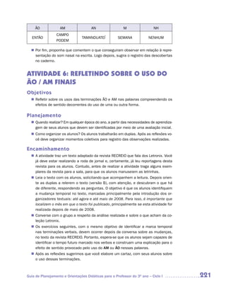 ÃO             AM                 AN                 M                 NH
                 CAMPO
   ENTÃO                        TAMANDUATEÍ           SEMANA            NENHUM
                 PODEM

  n	 fim, proponha que comentem o que conseguiram observar em relação à repre-
   Por
   sentação do som nasal na escrita. Logo depois, sugira o registro das descobertas
   no caderno.


ATIVIDADE 6: REFLETINDO SOBRE O USO DO
ÃO / AM FINAIS
Objetivos
   Refletir sobre os usos das terminações ÃO e AM nas palavras compreendendo os
  n	
   efeitos de sentido decorrentes do uso de uma ou outra forma.

Planejamento
   Quando realizar? Em qualquer época do ano, a partir das necessidades de aprendiza-
  n	
   gem de seus alunos que devem ser identificadas por meio de uma avaliação inicial.
   Como organizar os alunos? Os alunos trabalharão em duplas. Após as reflexões vo-
  n	
   cê deve organizar momentos coletivos para registro das observações realizadas.

Encaminhamento
  n	 atividade traz um texto adaptado da revista RECREIO que fala dos Letronix. Você
   A
   já deve estar realizando a roda de jornal e, certamente, já leu reportagens desta
   revista para os alunos. Contudo, antes de realizar a atividade traga alguns exem-
   plares da revista para a sala, para que os alunos manuseiem as letrinhas.
   Leia o texto com os alunos, solicitando que acompanhem a leitura. Depois orien-
  n	
   te as duplas a relerem o texto (versão B), com atenção, e descubram o que há
   de diferente, respondendo as perguntas. O objetivo é que os alunos identifiquem
   a mudança temporal no texto, marcadas principalmente pela introdução dos or-
   ganizadores textuais: até agora e até maio de 2008. Para isso, é importante que
   localizem o mês em que o texto foi publicado, principalmente se esta atividade for
   realizada depois de maio de 2008.
   Converse com o grupo a respeito da análise realizada e sobre o que acham da co-
  n	
   leção Letronix.
  n	 exercícios seguintes, com o mesmo objetivo de identificar a marca temporal
   Os
   nas terminações verbais, devem ocorrer depois da conversa sobre as mudanças,
   no texto da revista RECREIO. Portanto, espera-se que os alunos sejam capazes de
   identificar o tempo futuro marcado nos verbos e construam uma explicação para o
   efeito de sentido provocado pelo uso do AM ou ÃO nessas palavras.
   Após as reflexões sugerimos que você elabore um cartaz, com seus alunos sobre
  n	
   o uso dessas terminações.



Guia de Planejamento e Orientações Didáticas para o Professor do 3O ano – Ciclo I       221
 