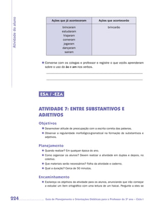 Atividade do aluno
                             Ações que já aconteceram               Ações que acontecerão

                                     brincaram                             brincarão
                                     estudaram
                                      Viajaram
                                      comeram
                                       jogaram
                                     dançaram
                                        sairam


                       Converse com os colegas e professor e registre o que vocês aprenderam
                      n	
                       sobre o uso do ão e am nos verbos.
                         ________________________________________________________________

                         ________________________________________________________________




                     ESA / -EZA


                     ATIVIDADE 7: ENTRE SUBSTANTIVOS E
                     ADJETIVOS
                     Objetivos
                      n	
                       Desenvolver atitude de preocupação com a escrita correta das palavras.
                       Observar a regularidade morfológico-gramatical na formação de substantivos e
                      n	
                       adjetivos.


                     Planejamento
                       Quando realizar? Em qualquer época do ano.
                      n	
                       Como organizar os alunos? Devem realizar a atividade em duplas e depois, no
                      n	
                       coletivo.
                      n	 materiais serão necessários? Folha da atividade e caderno.
                       Que
                       Qual a duração? Cerca de 50 minutos.
                      n	


                     Encaminhamento
                       Esclareça os objetivos da atividade para os alunos, anunciando que irão começar
                      n	
                       a estudar um item ortográfico com uma leitura de um haicai. Pergunte a eles se



224                     Guia de Planejamento e Orientações Didáticas para o Professor do 3O ano – Ciclo I
 