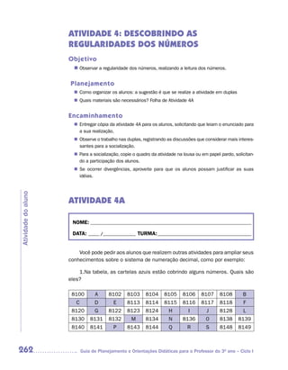 ATIVIDADE 4: DESCOBRINDO AS
                     REGULARIDADES DOS NÚMEROS
                     Objetivo
                       n	 Observar a regularidade dos números, realizando a leitura dos números.

                     Planejamento
                       n	 Como organizar os alunos: a sugestão é que se realize a atividade em duplas
                       n	 Quais materiais são necessários? Folha de Atividade 4A


                     Encaminhamento
                       n	 Entregar cópia da atividade 4A para os alunos, solicitando que leiam o enunciado para
                          a sua realização.
                       n	 Observe o trabalho nas duplas, registrando as discussões que considerar mais interes-
                          santes para a socialização.
                       n	 Para a socialização, copie o quadro da atividade na lousa ou em papel pardo, solicitan-
                          do a participação dos alunos.
                       n	 Se ocorrer divergências, aproveite para que os alunos possam justificar as suas
                          idéias.
Atividade do aluno




                     ATIVIDADE 4A

                      NOME: __________________________________________________________________________

                      DATA: _____ /_______________ TURMA: ___________________________________________


                         Você pode pedir aos alunos que realizem outras atividades para ampliar seus
                     conhecimentos sobre o sistema de numeração decimal, como por exemplo:

                         1.Na tabela, as cartelas azuis estão cobrindo alguns números. Quais são
                     eles?

                      8100        A      8102    8103     8104      8105     8106     8107     8108        B
                        C         D        E     8113     8114      8115     8116     8117     8118        F
                      8120        G      8122    8123     8124        H         I        J     8128        L
                      8130      8131     8132      M      8134        N      8136        0     8138      8139
                      8140      8141       P     8143     8144        Q        R         S     8148      8149



262                         Guia de Planejamento e Orientações Didáticas para o Professor do 3O ano – Ciclo I
 