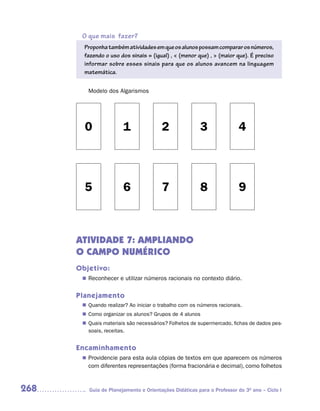 O que mais fazer?
        Proponha também atividades em que os alunos possam comparar os números,
        fazendo o uso dos sinais = (igual) , < (menor que) , > (maior que). É preciso
        informar sobre esses sinais para que os alunos avancem na linguagem
        matemática.


         Modelo dos Algarismos




        0              1               2               3               4



        5              6               7               8               9



      ATIVIDADE 7: AMPLIANDO
      O CAMPO NUMÉRICO
      Objetivo:
        Reconhecer e utilizar números racionais no contexto diário.
       n	


      Planejamento
        Quando realizar? Ao iniciar o trabalho com os números racionais.
       n	
        Como organizar os alunos? Grupos de 4 alunos
       n	
        Quais materiais são necessários? Folhetos de supermercado, fichas de dados pes-
       n	
        soais, receitas.


      Encaminhamento
        Providencie para esta aula cópias de textos em que aparecem os números
       n	
         com diferentes representações (forma fracionária e decimal), como folhetos



268      Guia de Planejamento e Orientações Didáticas para o Professor do 3O ano – Ciclo I
 