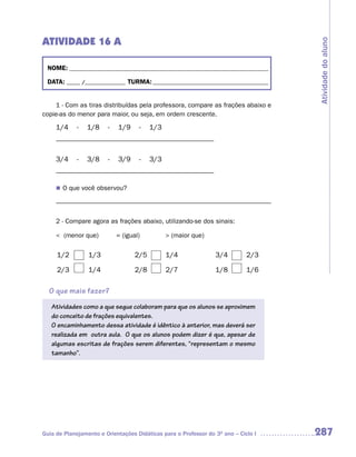 ATIVIDADE 16 A




                                                                                    Atividade do aluno
 NOME: __________________________________________________________________________

 DATA: _____ /_______________ TURMA: ___________________________________________


    1 - Com as tiras distribuídas pela professora, compare as frações abaixo e
copie-as do menor para maior, ou seja, em ordem crescente.

     1/4 - 1/8 - 1/9 - 1/3
     ____________________________________________

     3/4 - 3/8 - 3/9 - 3/3
     ____________________________________________

     n	 que você observou?
      O
     ____________________________________________________________

     2 - Compare agora as frações abaixo, utilizando-se dos sinais:

     < (menor que)          = (igual)         > (maior que)


     1/2         1/3               2/5        1/4                3/4         2/3

     2/3         1/4               2/8        2/7                1/8         1/6

  O que mais fazer?
   Atividades como a que segue colaboram para que os alunos se aproximem
   do conceito de frações equivalentes.
   O encaminhamento dessa atividade é idêntico à anterior, mas deverá ser
   realizada em outra aula. O que os alunos podem dizer é que, apesar de
   algumas escritas de frações serem diferentes, “representam o mesmo
   tamanho”.




Guia de Planejamento e Orientações Didáticas para o Professor do 3O ano – Ciclo I   287
 