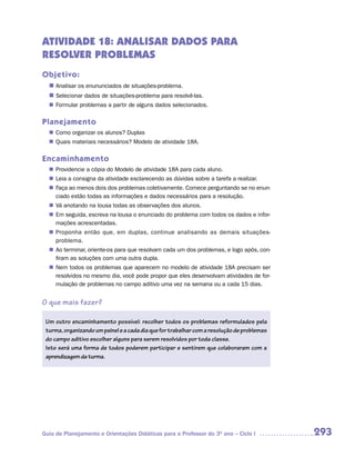 ATIVIDADE 18: ANALISAR DADOS PARA
RESOLVER PROBLEMAS
Objetivo:
  n	
   Analisar os enununciados de situações-problema.
  n	
   Selecionar dados de situações-problema para resolvê-las.
   Formular problemas a partir de alguns dados selecionados.
  n	

Planejamento
   Como organizar os alunos? Duplas
  n	
   Quais materiais necessários? Modelo de atividade 18A.
  n	

Encaminhamento
   Providencie a cópia do Modelo de atividade 18A para cada aluno.
  n	
  n	 a consigna da atividade esclarecendo as dúvidas sobre a tarefa a realizar.
   Leia
   Faça ao menos dois dos problemas coletivamente. Comece perguntando se no enun-
  n	
   ciado estão todas as informações e dados necessários para a resolução.
  n	 anotando na lousa todas as observações dos alunos.
   Vá
  n	 seguida, escreva na lousa o enunciado do problema com todos os dados e infor-
   Em
   mações acrescentadas.
   Proponha então que, em duplas, continue analisando as demais situações-
  n	
   problema.
  n	 terminar, oriente-os para que resolvam cada um dos problemas, e logo após, con-
   Ao
   firam as soluções com uma outra dupla.
   Nem todos os problemas que aparecem no modelo de atividade 18A precisam ser
  n	
   resolvidos no mesmo dia, você pode propor que eles desenvolvam atividades de for-
   mulação de problemas no campo aditivo uma vez na semana ou a cada 15 dias.


O que mais fazer?

 Um outro encaminhamento possível: recolher todos os problemas reformulados pela
 turma, organizando um painel e a cada dia que for trabalhar com a resolução de problemas
 do campo aditivo escolher alguns para serem resolvidos por toda classe.
 Isto será uma forma de todos poderem participar e sentirem que colaboraram com a
 aprendizagem da turma.




Guia de Planejamento e Orientações Didáticas para o Professor do 3O ano – Ciclo I           293
 