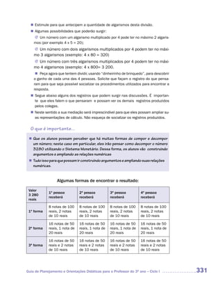 Estimule para que antecipem a quantidade de algarismos desta divisão.
  n	
  n Algumas possibilidades que poderão surgir:
    J Um número com um algarismo multiplicado por 4 pode ter no máximo 2 algaris-
    mos (por exemplo 4 x 5 = 20);
     J Um número com dois algarismos multiplicados por 4 podem ter no máxi-
    mo 3 algarismos (exemplo: 4 x 80 = 320)
    J Um número com três algarismos multiplicados por 4 podem ter no máxi-
    mo 4 algarismos (exemplo: 4 x 800= 3 200.
     n	Peça agora que tentem dividir, usando “dinheirinho de brinquedo”, para descobrir
    o ganho de cada uma das 4 pessoas. Solicite que façam o registro do que pensa-
    ram para que seja possível socializar os procedimentos utilizados para encontrar a
    resposta.
   Segue abaixo alguns dos registros que podem surgir nas discussões. É importan-
  n	
   te que eles falem o que pensaram e possam ver os demais registros produzidos
   pelos colegas.
   Neste sentido a sua mediação será imprescindível para que eles possam ampliar su-
  n	
   as representações de cálculo. Não esqueça de socializar os registros produzidos.


  O que é importante...
 n Que os alunos possam perceber que há muitas formas de compor e decompor
    um número; neste caso em particular, eles irão pensar como decompor o número
    3280 utilizando o Sistema Monetário. Dessa forma, os alunos vão construindo
    argumentos e ampliando as relações numéricas
  Tudo isso para que possam ir construindo argumentos e ampliando suas relações
 n	
    numéricas.


                  Algumas formas de encontrar o resultado:

 Valor
             1ª pessoa          2ª pessoa          3ª pessoa          4ª pessoa
 3 280
             receberá           receberá           receberá           receberá
 reais
             8 notas de 100     8 notas de 100     8 notas de 100     8 notas de 100
 1ª forma    reais, 2 notas     reais, 2 notas     reais, 2 notas     reais, 2 notas
             de 10 reais        de 10 reais        de 10 reais        de 10 reais

             16 notas de 50     16 notas de 50     16 notas de 50     16 notas de 50
 2ª forma    reais, 1 nota de   reais, 1 nota de   reais, 1 nota de   reais, 1 nota de
             20 reais           20 reais           20 reais           20 reais

             16 notas de 50     16 notas de 50     16 notas de 50     16 notas de 50
 3ª forma    reais e 2 notas    reais e 2 notas    reais e 2 notas    reais e 2 notas
             de 10 reais        de 10 reais        de 10 reais        de 10 reais




Guia de Planejamento e Orientações Didáticas para o Professor do 3O ano – Ciclo I         331
 