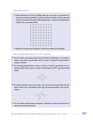O que mais fazer?

     Ainda referindo-se à foto do satélite, diga que se as ruas se cruzassem for-
    n	
     mando quarteirões quadrados e todos do mesmo tamanho, diríamos que elas
     formam um desenho chamado malha quadriculada. Mostre uma folha quadri-
     culada como a que segue abaixo:




    n	 que na próxima aula utilizarão a malha para realizar uma atividade.
     Diga


  O que é importante discutir com os alunos:
 n	 em casos como deste mapa dos quarteirões de Maringá, as ruas são pa-
  Que
  ralelas, e que duas ruas paralelas não se cruzam. A largura dos quarteirões é
  sempre a mesma.
 n	 ruas são perpedinculares. Elas se cruzam e os quatro quarteirões do cru-
  As
  zamento têm“cantos” iguais, ou seja, formam ângulos de 90º, veja a ilustração
  abaixo:




 n	 desenho abaixo, as ruas se cruzam, mas os cantos dos quarteirões não são
  No
  iguais. Nesse caso, não podemos dizer que são perpendiculares, mas concor-
  rentes.




 n	 uma malha quadriculada, geralmente, chamamos as filas horizontais de li-
  Em
  nhas e as verticais de colunas.



Guia de Planejamento e Orientações Didáticas para o Professor do 3O ano – Ciclo I   351
 