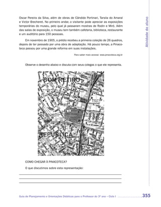 Oscar Pereira da Silva, além de obras de Cândido Portinari, Tarsila do Amaral




                                                                                              Atividade do aluno
e Victor Brecheret. No primeiro andar, o visitante pode apreciar as exposições
temporárias do museu, pelo qual já passaram mostras de Rodin e Miró. Além
das salas de exposição, o museu tem também cafeteria, biblioteca, restaurante
e um auditório para 150 pessoas.

     Em novembro de 1905, o prédio recebeu a primeira coleção de 26 quadros,
depois de ter passado por uma obra de adaptação. Há pouco tempo, a Pinaco-
teca passou por uma grande reforma em suas instalações.

                                              Para saber mais acesse: www.pinacoteca.org.br



     Observe o desenho abaixo e discuta com seus colegas o que ele representa.




     COMO CHEGAR À PINACOTECA?

     O que discutimos sobre esta representação:
_______________________________________________________________
_______________________________________________________________
_______________________________________________________________



Guia de Planejamento e Orientações Didáticas para o Professor do 3O ano – Ciclo I             355
 