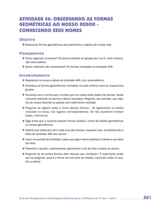 ATIVIDADE 46: OBSERVANDO AS FORMAS
GEOMÉTRICAS AO NOSSO REDOR -
CONHECENDO SEUS NOMES
Objetivo
  n	
   Relacionar formas geométricas aos elementos e objetos do mundo real.


Planejamento
   Como organizar os alunos? Os alunos estarão em grupos de 4 ou 5, mas a discus-
  n	
   são será coletiva.
   Quais materiais são necessários? As formas montadas na atividade 45A
  n	


Encaminhamento
   Reproduza na lousa a tabela da atividade 46A, com antecedência.
  n	
   Distribua as formas geométricas montadas na aula anterior para os respectivos
  n	
   grupos.
   Converse com a turma que o mundo que nos rodeia está repleto de formas. Neste
  n	
   momento estimule os alunos a darem exemplos. Pergunte, por exemplo, que obje-
   tos do nosso dia-a-dia se parece com cada forma montada.
   Pergunte se alguém sabe o nome dessas formas. Vá registrando na tabela
  n	
   colocada na lousa, nos lugares correspondentes. Se não souberem nomear
   todas, informe-os.
   Diga ainda que o conjunto dessas formas recebe o nome de sólidos geométricos
  n	
   ou corpos geométricos.
   Solicite que observem bem cada uma das formas, enquanto isso, vá distribuindo a
  n	
   folha de atividade 46A aos alunos.
  n	 o enunciado da atividade e peça que algum aluno explique à classe o que deve
   Leia
   ser feito.
   Preencha o quadro, coletivamente, garantindo a vez de falar a todos os alunos.
  n	
   Pergunte se há outras formas além dessas que montaram. É importante então
  n	
   que se pergunte, qual é a forma de uma bola de futebol, inserindo então no qua-
   dro a esfera.




Guia de Planejamento e Orientações Didáticas para o Professor do 3O ano – Ciclo I    361
 