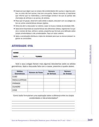 Espera-se que digam que os corpos não arredondados têm quinas e algumas pon-
  n	
   tas, no cone não tem quinas, mas tem uma ponta. Nesse momento, é importante
   que informe que na matemática, a terminologia correta é de que as pontas são
   chamadas de vértices e as quinas, de arestas.
   Peça que em grupo, observem cada sólido e depois, discutam com os colegas so-
  n	
   bre as outras características desses objetos.
   Antes de abrir a discussão no coletivo, copie na lousa a tabela da atividade 49A.
  n	
   Após terem levantado as características dos diferentes sólidos, registrando no qua-
  n	
   dro o número de face, vértice e aresta, proponha que formule uma definição sobre
   corpos arredondados e não arredondados. Faça um texto coletivo.
   Após a socialização distribua a cópia da atividade para que os alunos possam re-
  n	
   gistrar as conclusões.



ATIVIDADE 49A




                                                                                         Atividade do aluno
  NOME: __________________________________________________________________________

  DATA: _____ /_______________ TURMA: ___________________________________________


    Você e seus colegas fizeram mais algumas descobertas sobre os sólidos
geométricos. Após a discussão feita com a classe, preencha o quadro abaixo.

      Sólidos                                    Número                Número
                       Número de Faces
    Geométricos                                 de Vértices           de Arestas
CUBO
PARALELEPÍPEDO
PIRÂMIDE
CILINDRO
CONE

  Como vocês formulariam uma explicação sobre a diferença entre os corpos
                    arredondados e não-arredondados?
_______________________________________________________________
_______________________________________________________________
_______________________________________________________________
_______________________________________________________________
_______________________________________________________________




Guia de Planejamento e Orientações Didáticas para o Professor do 3O ano – Ciclo I        369
 