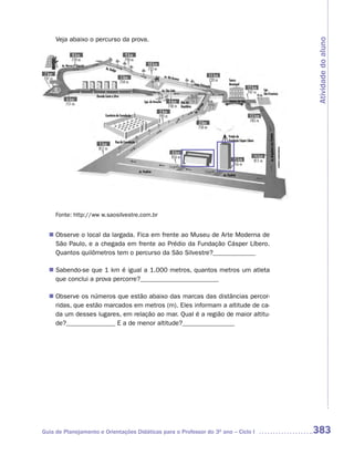 Veja abaixo o percurso da prova.




                                                                                    Atividade do aluno
     Fonte: http://ww w.saosilvestre.com.br


   Observe o local da largada. Fica em frente ao Museu de Arte Moderna de
  n	
   São Paulo, e a chegada em frente ao Prédio da Fundação Cásper Líbero.
   Quantos quilômetros tem o percurso da São Silvestre?_____________

   Sabendo-se que 1 km é igual a 1.000 metros, quantos metros um atleta
  n	
   que conclui a prova percorre?________________________

   Observe os números que estão abaixo das marcas das distâncias percor-
  n	
   ridas, que estão marcados em metros (m). Eles informam a altitude de ca-
   da um desses lugares, em relação ao mar. Qual é a região de maior altitu-
   de?_______________ E a de menor altitude?________________




Guia de Planejamento e Orientações Didáticas para o Professor do 3O ano – Ciclo I   383
 