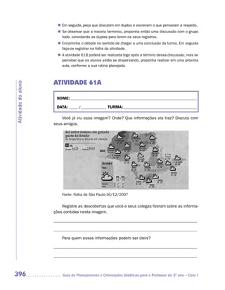 n	 seguida, peça que discutam em duplas e escrevam o que pensaram a respeito.
                        Em
                       n	 observar que a maioria terminou, proponha então uma discussão com o grupo
                        Se
                        todo, convidando as duplas para lerem os seus registros.
                        Encaminhe o debate no sentido de chegar a uma conclusão da turma. Em seguida
                       n	
                        faça-os registrar na folha da atividade.
                       n	 atividade 61B poderá ser realizada logo após o término dessa discussão, mas se
                        A
                        perceber que os alunos estão se dispersando, proponha realizar em uma próxima
                        aula, conforme a sua rotina planejada.



                     ATIVIDADE 61A
Atividade do aluno




                      NOME: __________________________________________________________________________

                      DATA: _____ /_______________ TURMA: ___________________________________________

                         Você já viu essa imagem? Onde? Que informações ela traz? Discuta com
                     seus amigos.




                         Fonte: Folha de São Paulo-16/12/2007


                         Registre as descobertas que você e seus colegas fizeram sobre as informa-
                     ções contidas nesta imagem.

                     _____________________________________________________________________

                     _____________________________________________________________________

                         Para quem essas informações podem ser úteis?

                     _____________________________________________________________________

                     _____________________________________________________________________



396                      Guia de Planejamento e Orientações Didáticas para o Professor do 3O ano – Ciclo I
 