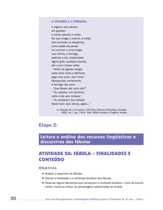 A CIGARRA E A FORMIGA
             A cigarra, sem pensar
             em guardar,
             a cantar passou o verão.
             Eis que chega o inverno, e então,
             sem provisão na despensa,
             como saída ela pensa
             em recorrer a uma amiga:
             sua vizinha, a formiga,
             pedindo a ela, emprestado,
             algum grão, qualquer bocado,
             até o bom tempo voltar.
             - “Antes de agosto chegar,
             pode estar certa a Senhora:
             pago com juros, sem mora.”
             Obsequiosa, certamente,
             A formiga não seria.
             - “Que fizeste até outro dia?”
             - “Eu cantava, sim Senhora,
             noite e dia sem tristeza.”
             - “Tu cantavas? Que beleza!
             Muito bem: pois dança, agora...”

                 in: Fábulas de La Fontaine. Villa Rica Editoras Reunidas Limitada.
                      1992, vol. I, pp. 743-4. Trad. Milton Amado e Eugênio Amado




     Etapa 2:

     Leitura e análise dos recursos lingüísticos e
     discursivos das fábulas

     ATIVIDADE 2A: FÁBULA – FINALIDADES E
     CONTEÚDO
     Objetivos
       Ampliar o repertório de fábulas
      n	
       Discutir a finalidade e o conteúdo temático das fábulas
      n	
       Observar alguns elementos que constituem o conteúdo temático: o tom de ensina-
      n	
       mento, moral ou crítica; as personagens relacionadas ao enredo



50      Guia de Planejamento e Orientações Didáticas para o Professor do 3O ano – Ciclo I
 