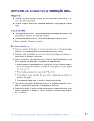 ATIVIDADE 3A: ENSAIANDO A PRODUÇÃO ORAL
Objetivos
   Comparar o início de diferentes versões de uma mesma fábula, observando os re-
  n	
   cursos dos diferentes estilos
   Observar o uso de marcadores temporais (advérbios e conjunções) e o tempo
  n	
   verbal


Planejamento
   Como organizar os alunos? Esta atividade deverá ser realizada no coletivo, com
  n	
   previsão de um momento de realização individual.
   Quais os materiais necessários? Folha da atividade 3A e caderno do aluno.
  n	
   Qual é a duração? Cerca de 40 minutos.
  n	


Encaminhamento
   Esclareça o objetivo desta etapa do trabalho e explique que as atividades a seguir
  n	
   serão uma forma de preparação para a produção da reescrita coletiva
   Distribua a folha de atividade aos alunos e, coletivamente, façam a leitura da co-
  n	
   manda, antes de iniciarem a discussão.
   Durante a discussão sobre as diferenças no modo de escrita de cada início, faça
  n	
   outras perguntas que estimulem a observação de aspectos como:
     J	 caracterização da personagem ou da situação: em qual dos inícios há comentá-
       A
       rios do narrador que dão indicação do caráter da personagem ou de como reagiu?
       Em quais não há?
     J	 informação que aparece em todos: Qual é? Sublinhem.
       A
     J	 indicação do tempo (quando): Em quais inícios há palavras que indicam um
       A
       tempo na narrativa?
     J	 tempo verbal: Todas usam os verbos no mesmo tempo ou não?
       O
   Peça que façam anotações ao lado dos trechos e/ou destaquem palavras, expres-
  n	
   sões ou trechos que se relacionam com o que estão discutindo.
   Depois da discussão, dê um tempo para que pensem em uma outra forma de iniciar
  n	
   a fábula e socializem as versões da classe, comparando com os inícios apresenta-
   dos na atividade.




Guia de Planejamento e Orientações Didáticas para o Professor do 3O ano – Ciclo I       81
 
