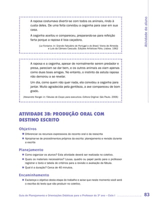 Atividade do aluno
         A raposa costumava divertir-se com todos os animais, rindo à
         custa deles. De uma feita convidou a cegonha para cear em sua
         casa.
         A cegonha aceitou e compareceu, preparando-se para refeição
         farta porque a raposa é boa caçadora.
                  (La Fontaine. In: Grande Fabulário de Portugal e do Brasil. Vieira de Almeida
                          e Luís da Câmara Cascudo. Edições Artísticas Fólio, Lisboa. 1962




         A raposa e a cegonha, apesar de normalmente serem predador e
         presa, pareciam se dar bem, e os outros animais as viam apenas
         como duas boas amigas. No entanto, o instinto da astuta raposa
         não demorou a se revelar.
         Um dia, como quem não quer nada, ela convidou a cegonha para
         jantar. Muito agradecida pela gentileza, a ave compareceu de bom
         grado.
   (Alexandre Rangel. in: Fábulas de Esopo para executivos. Editora Original. São Paulo. 2006)




ATIVIDADE 3B: PRODUÇÃO ORAL COM
DESTINO ESCRITO
Objetivos
  n	
   Diferenciar os recursos expressivos do reconto oral e da reescrita
   Apropriar-se de procedimentos próprios da escrita: planejamento e revisão durante
  n	
   a escrita

Planejamento
   Como organizar os alunos? Esta atividade deverá ser realizada no coletivo.
  n	
   Quais os materiais necessários? Lousa, quadro ou papel pardo para o professor
  n	
   registrar o texto e tabela de critérios para a revisão e avaliação da fábula.
   Qual é a duração? Cerca de 40 minutos.
  n	

Encaminhamento
   Esclareça o objetivo desta etapa do trabalho e avise que neste momento você será
  n	
   o escriba do texto que vão produzir no coletivo.



Guia de Planejamento e Orientações Didáticas para o Professor do 3O ano – Ciclo I                  83
 