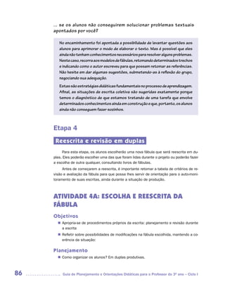 ... se os alunos não conseguirem solucionar problemas textuais
     apontados por você?

        No encaminhamento foi apontada a possibilidade de levantar questões aos
        alunos para aprimorar o modo de elaborar o texto. Mas é possível que eles
        ainda não tenham conhecimentos necessários para resolver alguns problemas.
        Neste caso, recorra aos modelos de fábulas, retomando determinados trechos
        e indicando como o autor escreveu para que possam retomar as referências.
        Não hesite em dar algumas sugestões, submetendo-as à reflexão do grupo,
        negociando sua adequação.
        Estas são estratégias didáticas fundamentais no processo de aprendizagem.
        Afinal, as situações de escrita coletiva são sugeridas exatamente porque
        temos o diagnóstico de que estamos tratando de uma tarefa que envolve
        determinados conhecimentos ainda em construção e que, portanto, os alunos
        ainda não conseguem fazer sozinhos.



     Etapa 4
      Reescrita e revisão em duplas
          Para esta etapa, os alunos escolherão uma nova fábula que será reescrita em du-
     plas. Eles poderão escolher uma das que foram lidas durante o projeto ou poderão fazer
     a escolha de outra qualquer, consultando livros de fábulas.
          Antes de começarem a reescrita, é importante retomar a tabela de critérios de re-
     visão e avaliação da fábula para que possa lhes servir de orientação para o auto-moni-
     toramento de suas escritas, ainda durante a situação de produção.



     ATIVIDADE 4A: ESCOLHA E REESCRITA DA
     FÁBULA
     Objetivos
        Apropria-se de procedimentos próprios da escrita: planejamento e revisão durante
       n	
        a escrita
        Refletir sobre possibilidades de modificações na fábula escolhida, mantendo a co-
       n	
        erência da situação:

     Planejamento
        Como organizar os alunos? Em duplas produtivas.
       n	



86        Guia de Planejamento e Orientações Didáticas para o Professor do 3O ano – Ciclo I
 