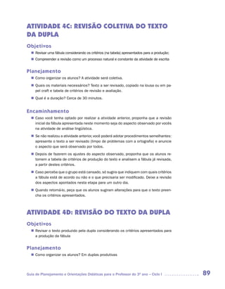 ATIVIDADE 4C: REVISÃO COLETIVA DO TEXTO
DA DUPLA
Objetivos
   Revisar uma fábula considerando os critérios (na tabela) apresentados para a produção;
  n	
   Compreender a revisão como um processo natural e constante da atividade de escrita
  n	


Planejamento
   Como organizar os alunos? A atividade será coletiva.
  n	
   Quais os materiais necessários? Texto a ser revisado, copiado na lousa ou em pa-
  n	
   pel craft e tabela de critérios de revisão e avaliação.
   Qual é a duração? Cerca de 30 minutos.
  n	


Encaminhamento
   Caso você tenha optado por realizar a atividade anterior, proponha que a revisão
  n	
   inicial da fábula apresentada neste momento seja do aspecto observado por vocês
   na atividade de análise lingüística.
  n	 não realizou a atividade anterior, você poderá adotar procedimentos semelhantes:
   Se
   apresente o texto a ser revisado (limpo de problemas com a ortografia) e anuncie
   o aspecto que será observado por todos.
   Depois de fazerem os ajustes do aspecto observado, proponha que os alunos re-
  n	
   tomem a tabela de critérios de produção do texto e analisem a fábula já revisada,
   a partir destes critérios.
   Caso perceba que o grupo está cansado, só sugira que indiquem com quais critérios
  n	
   a fábula está de acordo ou não e o que precisaria ser modificado. Deixe a revisão
   dos aspectos apontados nesta etapa para um outro dia.
   Quando retomá-lo, peça que os alunos sugiram alterações para que o texto preen-
  n	
   cha os critérios apresentados.



ATIVIDADE 4D: REVISÃO DO TEXTO DA DUPLA
Objetivos
   Revisar o texto produzido pela dupla considerando os critérios apresentados para
  n	
   a produção da fábula


Planejamento
   Como organizar os alunos? Em duplas produtivas
  n	




Guia de Planejamento e Orientações Didáticas para o Professor do 3O ano – Ciclo I           89
 