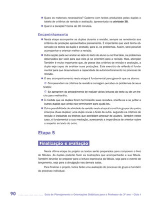 Quais os materiais necessários? Caderno com textos produzidos pelas duplas e
       n	
        tabela de critérios de revisão e avaliação, apresentada na atividade 3B.
        Qual é a duração? Cerca de 30 minutos.
       n	


     Encaminhamento
        Nesta etapa acompanhe as duplas durante a revisão, sempre as remetendo aos
       n	
        critérios de produção apresentados previamente. É importante que você tenha ob-
        servado os textos da dupla e anotado, para si, os problemas. Assim, será possível
        acompanhar e orientar melhor a revisão.
        Outra opção pode ser anotar ao lado do texto do aluno ou no final dele, os problemas
       n	
        observados por você para que eles já se orientem para a revisão. Mas, atenção!
        Também é muito importante que, de posse dos critérios de revisão e avaliação, a
        dupla seja capaz de analisar suas produções. Este exercício de reflexão é funda-
        mental para que desenvolvam a capacidade de automonitoramento no processo de
        revisão.
       n	 seu acompanhamento nesta etapa é fundamental para garantir que os alunos:
        O
          J	 Compreendam os critérios de revisão e consigam perceber os problemas de seus
         textos;
          J Se apropriem do procedimento de realizar várias leituras do texto ou de um tre-
         cho para melhorá-la.
       n	 medida que as duplas forem terminando suas revisões, oriente-os a se juntar a
        À
        outras duplas que ainda não terminaram para ajudá-los.
        Outra possibilidade de atividade de revisão nesta etapa é constituir grupos de quatro
       n	
        crianças (duas duplas): uma dupla revisa o texto da outra, seguindo os critérios de
        revisão e indicando os trechos que acreditam precisar de ajustes. Também neste
        caso, é fundamental a sua mediação, acrescendo a importância de orientar sobre
        o respeito ao texto do outro.


     Etapa 5

      Finalização e avaliação
          Nesta última etapa do projeto os textos serão preparados para comporem o livro
     de fábulas. As duplas poderão fazer as ilustrações que acompanharão a sua fábula.
     Também deverão se preparar para a leitura expressiva da fábula, seja para o evento de
     lançamento, seja para a divulgação nas demais salas.
          Para finalizar o projeto, todos farão uma avaliação do processo do grupo e também
     do processo individual.




90        Guia de Planejamento e Orientações Didáticas para o Professor do 3O ano – Ciclo I
 