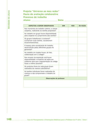 Atividade do aluno
                     Projeto “Universo ao meu redor”
                     Pauta de avaliação colaborativa
                     Processo de trabalho
                     Aluno:                          Data:

                          ASPECTOS A SEREM OBSERVADOS                    SIM          NÃO       ÀS VEZES
                     Nos momentos de trabalho coletivo, a classe
                     cooperou, realizando as tarefas propostas?
                     No trabalho em grupo houve disponibilidade
                     para cooperar no cumprimento das tarefas?
                     Os grupos trabalharam a contento?
                     (cumpriram suas tarefas, socializaram
                     encaminhamentos)
                     O espaço para socialização de trabalho
                     desenvolvido pelos diferentes grupos foi
                     garantido?
                     No trabalho em duplas houve, de fato,
                     colaboração com o colega?
                     Nos ensaios da exposição oral houve
                     disponibilidade e empenho de todos em
                     colaborar para que a apresentação do colega
                     fosse a melhor possível?
                     Os produtos finais de cada grupo foram
                     realizados de maneira satisfatória?
                     As tarefas individuais foram realizadas de
                     maneira a não comprometer o trabalho do
                     grupo?
                                                  Observações do professor




148                      Guia de Planejamento e Orientações Didáticas para o Professor da 4a série – Ciclo I
 
