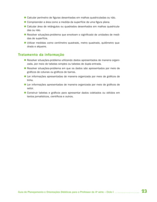  Calcular perímetro de figuras desenhadas em malhas quadriculadas ou não.
      Compreender a área como a medida da superfície de uma figura plana.
      Calcular área de retângulos ou quadrados desenhados em malhas quadricula-
       das ou não.
      Resolver situações-problema que envolvam o significado de unidades de medi-
       das de superfície.
      Utilizar medidas como centímetro quadrado, metro quadrado, quilômetro qua-
       drado e alqueire.


Tratamento da informação
      Resolver situações-problema utilizando dados apresentados de maneira organi-
       zada, por meio de tabelas simples ou tabelas de dupla entrada.
      Resolver situações-problema em que os dados são apresentados por meio de
       gráficos de colunas ou gráficos de barras.
      Ler informações apresentadas de maneira organizada por meio de gráficos de
       linha.
      Ler informações apresentadas de maneira organizada por meio de gráficos de
       setor.
      Construir tabelas e gráficos para apresentar dados coletados ou obtidos em
       textos jornalísticos, científicos e outros.




Guia de Planejamento e Orientações Didáticas para o Professor da 4a série – Ciclo I   23
 