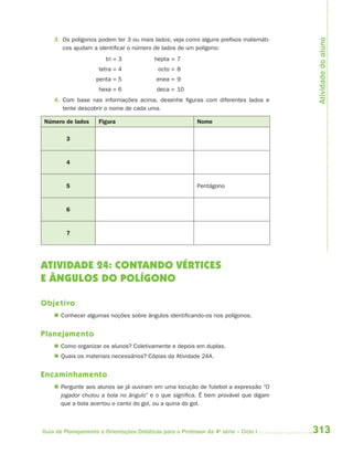 Atividade do aluno
    3. Os polígonos podem ter 3 ou mais lados; veja como alguns prefixos matemáti-
       cos ajudam a identificar o número de lados de um polígono:
                        tri = 3            hepta = 7
                     tetra = 4              octo = 8
                    penta = 5               enea = 9
                     hexa = 6               deca = 10
    4. Com base nas informações acima, desenhe figuras com diferentes lados e
       tente descobrir o nome de cada uma.

Número de lados      Figura                                Nome

         3


         4


         5                                                 Pentágono


         6


         7




ATIVIDADE 24: CONTANDO VÉRTICES
E ÂNGULOS DO POLÍGONO

Objetivo
     Conhecer algumas noções sobre ângulos identificando-os nos polígonos.


Planejamento
     Como organizar os alunos? Coletivamente e depois em duplas.
     Quais os materiais necessários? Cópias da Atividade 24A.


Encaminhamento
     Pergunte aos alunos se já ouviram em uma locução de futebol a expressão “O
      jogador chutou a bola no ângulo” e o que significa. É bem provável que digam
      que a bola acertou o canto do gol, ou a quina do gol.



Guia de Planejamento e Orientações Didáticas para o Professor da 4a série – Ciclo I   313
 