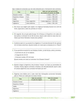 Atividade do aluno
    Veja a tabela de conversão que ele está utilizando para o fechamento dos contratos:
                                                       Valor em real aproximado
             País                   Moeda
                                                     da moeda em janeiro de 2008
     Estados Unidos         Dólar                             1 dólar = R$ 1,75
     Espanha e França       Euro                               1 euro = R$ 2,50
     Japão                  Iene                               1 iene = R$ 0,02
     Argentina              Peso argentino           1 peso argentino = R$ 0,50
     Inglaterra             Libra esterlina                    1 libra = R$ 3,40

    1. Ele iniciou sua viagem pelo Japão e os negócios fechados ficaram em 134 mil
       ienes. Qual será o valor do contrato em reais?


    2. Em seguida, fez um giro pela Europa: foi à França e à Espanha e em cada um
       dos países o contrato foi de 38 mil euros. Qual o valor total em reais dos con-
       tratos que foram fechados nesses dois países?


    3. O próximo país em sua escala foi a Inglaterra. O contrato fechado foi de apenas
       12 mil libras esterlinas. Quanto rendeu em reais para a empresa do sr. Flávio?


    4. A sua penúltima escala foi nos Estados Unidos. Lá ele fechou vários contratos.
       – O primeiro foi de 12 mil dólares
       – O segundo de 34 mil
       – O terceiro rendeu 175 mil reais.
       Quanto rendeu em reais os contratos nos Estados Unidos?


    5. Quando chegou à Argentina, ele já estava “craque” em fazer as conversões de
       moedas. Fechou alguns contratos e finalizou com R$ 550.000,00. Qual o valor
       em pesos argentinos dos contratos fechados por ele?


    6. Organize uma tabela com o valor total das transações comerciais fechadas
       pelo sr. Flávio em cada país na nossa moeda:
                                     Valor do contrato           Valor do contrato
                  País
                                     no país de origem               em reais
     Estados Unidos
     Espanha e França
     Japão
     Argentina
     Inglaterra




Guia de Planejamento e Orientações Didáticas para o Professor da 4a série – Ciclo I       327
 
