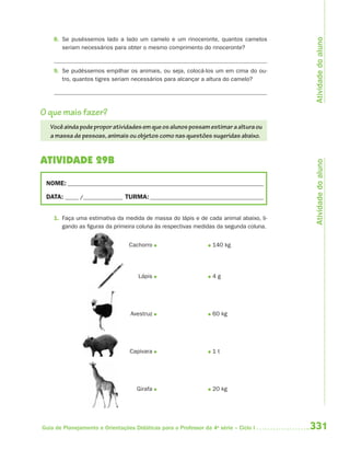 Atividade do aluno
    8. Se puséssemos lado a lado um camelo e um rinoceronte, quantos camelos
       seriam necessários para obter o mesmo comprimento do rinoceronte?


    9. Se pudéssemos empilhar os animais, ou seja, colocá-los um em cima do ou-
       tro, quantos tigres seriam necessários para alcançar a altura do camelo?




O que mais fazer?
   Você ainda pode propor atividades em que os alunos possam estimar a altura ou
   a massa de pessoas, animais ou objetos como nas questões sugeridas abaixo.


ATIVIDADE 29B




                                                                                        Atividade do aluno
 NOME: __________________________________________________________________________

 DATA: _____ /_______________ TURMA: ___________________________________________


    1. Faça uma estimativa da medida de massa do lápis e de cada animal abaixo, li-
       gando as figuras da primeira coluna às respectivas medidas da segunda coluna.


                                 Cachorro                         140 kg




                                     Lápis                        4g




                                  Avestruz                        60 kg




                                  Capivara                        1t




                                    Girafa                        20 kg




Guia de Planejamento e Orientações Didáticas para o Professor da 4a série – Ciclo I    331
 