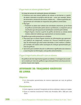 O que mais os alunos podem fazer?
        Ao longo da semana de realização dessas atividades:
         Construa com seus alunos gráficos de colunas ou de barras e, a partir
          de dados coletados na própria sala de aula – como, por exemplo, datas
          de aniversário, estaturas dos alunos, idades etc. –, elabore questões em
          que possam ser retiradas as respostas dos gráficos construídos.
         Peça que:
          J Analisem os dados das tabelas das atividades anteriores, já em forma
             de gráficos (construídos pelos alunos e professor), e comparem com os
             resultados que eles já possuem (analisados somente pela tabela).
          J Depois façam o inverso: a partir do gráfico de barras ou colunas deste
             módulo, elaborem tabelas que representem os mesmos dados.
        Os gráficos que estão presentes no cotidiano:
         Peça para que os alunos fiquem atentos às informações que aparecem
           nos gráficos em telejornais, revistas etc. Procure orientá-los para o
           tipo de informação que está sendo abordada e como realizar a análise,
           por exemplo, dos dados sobre vacinação em crianças apresentados por
           meio de gráficos.
         Aproveite para também discutir os diferentes significados dos números
           e suas funções na informação, como já dito anteriormente.


      O que é importante discutir com os alunos:
        Os gráficos são tão importantes quanto as tabelas. A vantagem de se anali-
        sar os dados por meio dos gráficos é que estes permitem uma busca de res-
        postas visuais mais rápida.


      ATIVIDADE 38: TRAÇANDO GRÁFICOS
      DE LINHA

      Objetivo
          Ler informações apresentadas de maneira organizada por meio de gráficos
           de linha.


      Planejamento
          Como organizar os alunos? Inicialmente de forma individual e depois em duplas.
          Quais os materiais necessários? Folhas das Atividades 38A e 38B para cada
           aluno.



358      Guia de Planejamento e Orientações Didáticas para o Professor da 4a série – Ciclo I
 