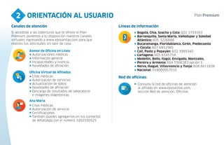 ORIENTACIÓN AL USUARIO
2
4
Si accediste a las coberturas que te ofrece el Plan
Premium, ponemos a tu disposición nuestros canales
virtuales ingresando a www.epssanitas.com para que
realices tus solicitudes sin salir de casa.
Canales de atención
Autorizaciones médicas
Información general
Incapacidades y licencia
Novedades de afiliación
Asesor de Oficina en Línea
Citas médicas
Autorización de servicios
Actualización de datos
Novedades de afiliación
Descarga de resultados de laboratorio
e imágenes diagnósticas
Oficina Virtual de Afiliados
Citas médicas
Autorización de servicio
Certificaciones
También puedes agregarnos en tus contactos
de WhatsApp con el número 3202550525
Ana María
Líneas de información
Consulta la red de oficinas de atención
al afiliado en www.epssanitas.com,
sección Red de atención, Oficinas
Red de oficinas:
Bogotá, Chía, Soacha y Cota: 601 3759393
Barranquilla, Santa Marta, Valledupar y Soledad
Atlántico: 605 3226888
Bucaramanga, Floridablanca, Girón, Piedecuesta
y Cúcuta: 607 6852985
Cali, Pasto y Popayán: 602 3989340
Cartagena: 605 6545754
Medellín, Bello, Itagüí, Envigado, Manizales,
Pereira y Armenia: 604 5908383 opción 1
Neiva, Ibagué, Villavicencio y Tunja: 608 6611838
Nacional: 018000957010
 