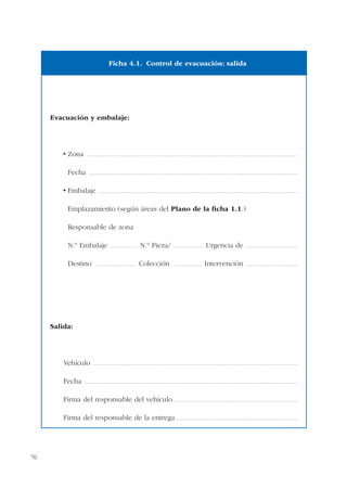 76
Evacuación y embalaje:
............................................................................................................................................................................................
Fecha ..........................................................................................................................................................................................
..................................................................................................................................................................................
Emplazamiento (según áreas del Plano de la ficha 1.1.)
Responsable de zona
N.º Embalaje ......................... N.º Pieza/ ........................... Urgencia de ..............................................
Destino .................................... Colección ......................... Intervención ..............................................
Salida:
Vehículo ......................................................................................................................................................................................
Fecha ..............................................................................................................................................................................................
Firma del responsable del vehículo...............................................................................................................
Firma del responsable de la entrega.............................................................................................................
Ficha 4.1. Control de evacuación: salida
 