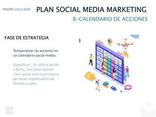 PLAN SOCIAL MEDIA MARKETING
8-CALENDARIO DE ACCIONES
FASE DE ESTRATEGIA
Temporalizar las acciones en
un calendario social media.
Especificar , no sólo la acción
y fecha, sino debe quedar
claro quién será la persona o
personas responsables de
llevarlo a cabo.
 