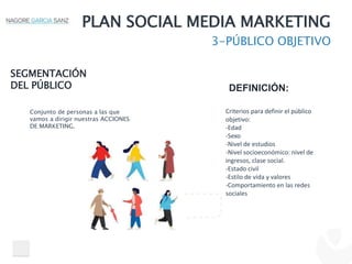 PLAN SOCIAL MEDIA MARKETING
3-PÚBLICO OBJETIVO
SEGMENTACIÓN
DEL PÚBLICO DEFINICIÓN:
Criterios para definir el público
objetivo:
-Edad
-Sexo
-Nivel de estudios
-Nivel socioeconómico: nivel de
ingresos, clase social.
-Estado civil
-Estilo de vida y valores
-Comportamiento en las redes
sociales
Conjunto de personas a las que
vamos a dirigir nuestras ACCIONES
DE MARKETING.
 