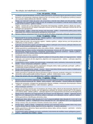 Na coleção, são trabalhados os conteúdos:
                                             1º ano – 06 capítulos – 232 pp.
1    Localização espacial; lateralidade; caminhos; sólidos geométricos, classificação; figuras geométricas planas; simetria
     Números: uso, comparação, ordenação; algarismos de 1 a 9: escrita; o zero, o 10; sequências numéricas; anteces-
2    sor e sucessor: ideias; ordinais até o décimo – tabelas
     Adição com total até 9: ideias de juntar e de acrescentar; o sinal de mais; adição com três parcelas – tabelas
3    – subtração com minuendo até 9: ideias de tirar, de completar e de comparar; o sinal de menos; adição e sub-
     tração na reta numérica – gráficos e tabelas
     Tabelas – números de 1 a 20: ordenação, composição, decomposição, unidades, dezenas, adição, par, ímpar –
4    gráficos – números de 20 a 29: adição, ordenação; números de 30 a 39: adição, ordenação; números de 40 a 50;
     contagem por agrupamento
     Valor monetário – gráfico – tempo: dia, semana, mês, hora exata – gráfico – comprimentos: palmo, passo, metro;
5    capacidade: litro, mililitro; massa: grama, quilograma, instrumentos
6    Números: dezenas, contando de 10 em 10; números de 50 a 99: adição, comparação, ordenação, sequência numérica
                                             2º ano – 13 capítulos – 320 pp.
     Números até 10: uso, escrita, composição – tabelas e gráficos – valor monetário – números até 20: comparação,
1    ordenação, comparação; ordinais até décimos
     Adição: ideias de juntar e de acrescentar, registro – tabelas e gráficos – adição: termos, com três parcelas, pro-
2
     cedimentos, na reta numérica – gráficos
     Subtração: ideia de retirar, registro, procedimentos; adição e subtração como inversas; subtração: ideia de com-
3    pletar, na reta numérica, ideia de comparar – gráficos
4    Sólidos geométricos: paralelepípedo, cubo, cone, esfera, cilindro – tabelas e gráficos
     Números: dezena, leitura e escrita, composição, decomposição; números até 100: leitura, escrita, composição,
5    decomposição, sequência numérica, comparação, aproximação, sequências numéricas – tabelas e gráficos –
     números de 101 a 199: centena, leitura, escrita, sequência numérica
6    Localização espacial, vistas, caminhos




                                                                                                                              Matemática
7    Adição de números com dois algarismos: algoritmo; adição com três parcelas, adição com reagrupamentos – tabelas
     Subtração: com números de dois algarismos, algoritmo sem reagrupamento – tabelas – subtração: algoritmo
8    com reagrupamento
     Comprimento e massa: medidas não padronizadas, comparação, metro, centímetro, instrumentos de medida –
9    tabelas – massa: comparação, quilograma – gráficos
     Multiplicação: parcelas iguais, registro, organização retangular, dobro, triplo, quádruplo, quíntuplo – gráficos –
10   multiplicação: proporcionalidade, combinatória
11   Divisão: distribuir igualmente, metade – simetria – dúzia e meia dúzia; divisão: quantos cabem; multiplicação e
     divisão como operações inversas; números: pares e ímpares
12   Sólidos geométricos: planificação; figuras geométricas planas: triângulo, quadrado, retângulo e circunferência,
     elementos; malha quadriculada; simetria; mosaicos – gráficos – linhas retas e curvas – gráficos
13   Tempo: dia, semana, mês, ano, calendário, hora – gráficos – capacidade: litro
                                             3º ano – 11 capítulos – 336 pp.
     Números: usos, reta numérica, ordenação, antecessor e sucessor, sequência numérica, composição e decomposição,
1    leitura e escrita de números até 100 – tabelas – pares e ímpares – valor monetário – números ordinais até o trigésimo
     Sistema de numeração: contagem por agrupamento, dezenas, unidades, composição, decomposição, centena
2    – gráficos – sequências numéricas – valor monetário – gráficos
3    Vistas, localização, caminhos
     Adição: com números menores que 10, de dezenas, de centenas, ideias, cálculo por decomposição, algoritmo sem
4    reagrupamento; adição de números com três algarismos; subtração: de números menores que 10, com dezenas,
     com centenas, ideias – tabelas e gráficos – subtração: algoritmo sem reagrupamento, de número com três algarismos
     Adição: termos, algoritmo com reagrupamento, de números com três algarismos – tabelas – subtração: termos,
5    algoritmo com reagrupamento, estimativas; adição e subtração como operações inversas –gráficos e tabelas
6    Sólidos geométricos: identificação, elementos, vistas
     Multiplicação: ideias, dobro, triplo, tabuadas do 2 e do 4, proporcionalidade, triplo, tabuadas do 3, do 6, do 5 e do
7    10, combinatória – gráficos – multiplicação: termos, tabuadas do 9, do 7, do 8, algoritmo sem e com reagrupamento
8    Tempo: semana, mês, ano, bimestre, trimestre, semestre, hora, minuto – gráficos
     Divisão: ideias – gráfico e tabela – multiplicação e divisão como operações inversas; metade, dobro, terça, quar-
9    ta parte; divisão: ideia de medida, algoritmo, termos, algoritmo – as quatro operações
     Sólidos geométricos: elementos; figuras geométricas planas: lados, vértices, mosaico – perímetro – simetria;
10   linhas abertas e fechadas
     Comprimento: palmo, polegada, pé, metro, centímetro; instrumentos de medidas; massa: quilograma, grama –
11   gráficos – capacidade: litro, mililitro – tabelas



                                                                                                                   103
 