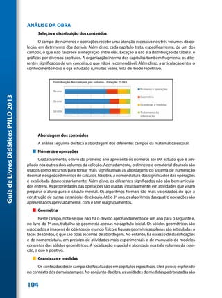 ANÁLISE DA OBRA
                                           Seleção e distribuição dos conteúdos
                                            O campo de números e operações recebe uma atenção excessiva nos três volumes da co-
                                     leção, em detrimento dos demais. Além disso, cada capítulo trata, especificamente, de um dos
                                     campos, o que não favorece a integração entre eles. Exceção a isso é a distribuição de tabelas e
                                     gráficos por diversos capítulos. A organização interna dos capítulos também fragmenta os dife-
                                     rentes significados de um conceito, o que não é recomendável. Além disso, a articulação entre o
                                     conhecimento novo e o já estudado é, muitas vezes, feita de modo repetitivo.
Guia de Livros Didáticos PNLD 2013




                                           Abordagem dos conteúdos
                                           A análise seguinte destaca a abordagem dos diferentes campos da matemática escolar.
                                        „„ Números e operações
                                           Gradativamente, o livro do primeiro ano apresenta os números até 99, estudo que é am-
                                     pliado nos outros dois volumes da coleção. Acertadamente, o dinheiro e o material dourado são
                                     usados como recursos para tornar mais significativas as abordagens do sistema de numeração
                                     decimal e os procedimentos de cálculos. Na obra, a nomenclatura dos significados das operações
                                     é explicitada desnecessariamente. Além disso, os diferentes significados não são bem articula-
                                     dos entre si. As propriedades das operações são usadas, intuitivamente, em atividades que visam
                                     preparar o aluno para o cálculo mental. Os algoritmos formais são mais valorizados do que a
                                     construção de outras estratégias de cálculo. Até o 3º ano, os algoritmos das quatro operações são
                                     apresentados apressadamente, com e sem reagrupamentos.
                                        „„ Geometria
                                            Neste campo, nota-se que não há o devido aprofundamento de um ano para o seguinte e,
                                     no livro do 1º ano, trabalha-se geometria apenas no capítulo inicial. Os sólidos geométricos são
                                     associados a imagens de objetos do mundo físico e figuras geométricas planas são articuladas a
                                     faces de sólidos, o que são boas escolhas de abordagem. No entanto, há excesso de classificações
                                     e de nomenclatura, em prejuízo de atividades mais experimentais e de manuseio de modelos
                                     concretos dos sólidos geométricos. A localização espacial é abordada nos três volumes da cole-
                                     ção, o que é positivo.
                                        „„ Grandezas e medidas
                                           Os conteúdos deste campo são focalizados em capítulos específicos. Ele é pouco explorado
                                     no contexto dos demais campos. No conjunto da obra, as unidades de medidas padronizadas são


                                     104
 