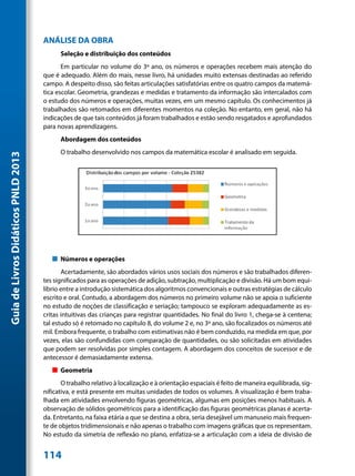 ANÁLISE DA OBRA
                                           Seleção e distribuição dos conteúdos
                                            Em particular no volume do 3º ano, os números e operações recebem mais atenção do
                                     que é adequado. Além do mais, nesse livro, há unidades muito extensas destinadas ao referido
                                     campo. A despeito disso, são feitas articulações satisfatórias entre os quatro campos da matemá-
                                     tica escolar. Geometria, grandezas e medidas e tratamento da informação são intercalados com
                                     o estudo dos números e operações, muitas vezes, em um mesmo capítulo. Os conhecimentos já
                                     trabalhados são retomados em diferentes momentos na coleção. No entanto, em geral, não há
                                     indicações de que tais conteúdos já foram trabalhados e estão sendo resgatados e aprofundados
                                     para novas aprendizagens.
                                           Abordagem dos conteúdos
                                           O trabalho desenvolvido nos campos da matemática escolar é analisado em seguida.
Guia de Livros Didáticos PNLD 2013




                                        „„ Números e operações
                                            Acertadamente, são abordados vários usos sociais dos números e são trabalhados diferen-
                                     tes significados para as operações de adição, subtração, multiplicação e divisão. Há um bom equi-
                                     líbrio entre a introdução sistemática dos algoritmos convencionais e outras estratégias de cálculo
                                     escrito e oral. Contudo, a abordagem dos números no primeiro volume não se apoia o suficiente
                                     no estudo de noções de classificação e seriação; tampouco se exploram adequadamente as es-
                                     critas intuitivas das crianças para registrar quantidades. No final do livro 1, chega-se à centena;
                                     tal estudo só é retomado no capítulo 8, do volume 2 e, no 3º ano, são focalizados os números até
                                     mil. Embora frequente, o trabalho com estimativas não é bem conduzido, na medida em que, por
                                     vezes, elas são confundidas com comparação de quantidades, ou são solicitadas em atividades
                                     que podem ser resolvidas por simples contagem. A abordagem dos conceitos de sucessor e de
                                     antecessor é demasiadamente extensa.
                                        „„ Geometria
                                            O trabalho relativo à localização e à orientação espaciais é feito de maneira equilibrada, sig-
                                     nificativa, e está presente em muitas unidades de todos os volumes. A visualização é bem traba-
                                     lhada em atividades envolvendo figuras geométricas, algumas em posições menos habituais. A
                                     observação de sólidos geométricos para a identificação das figuras geométricas planas é acerta-
                                     da. Entretanto, na faixa etária a que se destina a obra, seria desejável um manuseio mais frequen-
                                     te de objetos tridimensionais e não apenas o trabalho com imagens gráficas que os representam.
                                     No estudo da simetria de reflexão no plano, enfatiza-se a articulação com a ideia de divisão de


                                     114
 
