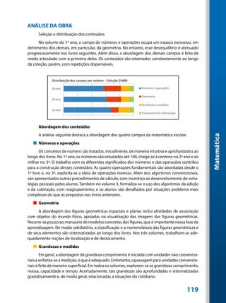 ANÁLISE DA OBRA
      Seleção e distribuição dos conteúdos
      No volume do 1º ano, o campo de números e operações ocupa um espaço excessivo, em
detrimento dos demais, em particular, da geometria. No entanto, esse desequilíbrio é atenuado
progressivamente nos livros seguintes. Além disso, a abordagem dos demais campos é feita de
modo articulado com o primeiro deles. Os conteúdos são retomados constantemente ao longo
da coleção, porém, com repetições dispensáveis.




      Abordagem dos conteúdos
      A análise seguinte destaca a abordagem dos quatro campos da matemática escolar.




                                                                                                    Matemática
   „„ Números e operações
       Os conceitos de número são tratados, inicialmente, de maneira intuitiva e aprofundados ao
longo dos livros. No 1º ano, os números são estudados até 100, chega-se à centena no 2º ano e ao
milhar no 3º. O trabalho com os diferentes significados dos números e das operações contribui
para a construção desses conteúdos. As quatro operações fundamentais são abordadas desde o
1º livro e, no 3º, explicita-se a ideia de operações inversas. Além dos algoritmos convencionais,
são apresentados outros procedimentos de cálculo, com incentivo ao desenvolvimento de estra-
tégias pessoais pelos alunos. Também no volume 3, formaliza-se o uso dos algoritmos da adição
e da subtração, com reagrupamento, e os alunos são desafiados por situações problema mais
complexas do que as propostas nos livros anteriores.
   „„ Geometria
      A abordagem das figuras geométricas espaciais e planas inclui atividades de associação
com objetos do mundo físico, apoiadas na visualização das imagens das figuras geométricas.
Recorre-se pouco ao manuseio de modelos concretos das figuras, que é importante nessa fase da
aprendizagem. De modo satisfatório, a classificação e a nomenclatura das figuras geométricas e
de seus elementos são sistematizadas ao longo dos livros. Nos três volumes, trabalham-se ade-
quadamente noções de localização e de deslocamento.
   „„ Grandezas e medidas
       Em geral, a abordagem da grandeza comprimento é iniciada com unidades não convencio-
nais e enfatiza-se a medição, o que é adequado. Entretanto, a passagem para unidades convencio-
nais é feita de maneira superficial. Em todos os volumes, exploram-se as grandezas comprimento,
massa, capacidade e tempo. Acertadamente, tais grandezas são aprofundadas e sistematizadas
gradativamente e, de modo geral, relacionadas a situações do cotidiano.


                                                                                          119
 