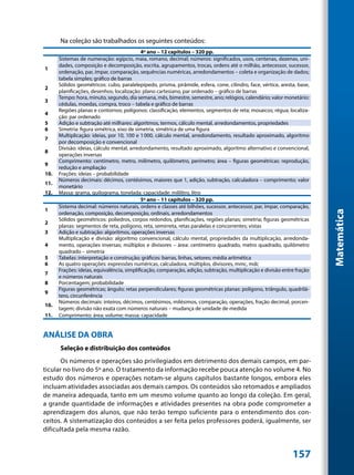 Na coleção são trabalhados os seguintes conteúdos:
                                            4º ano – 12 capítulos – 320 pp.
      Sistemas de numeração: egípcio, maia, romano, decimal; números: significados, usos, centenas, dezenas, uni-
      dades, composição e decomposição, escrita, agrupamentos, trocas, ordens até o milhão, antecessor, sucessor,
1
      ordenação, par, ímpar, comparação, sequências numéricas, arredondamentos – coleta e organização de dados;
      tabela simples; gráfico de barras
      Sólidos geométricos: cubo, paralelepípedo, prisma, pirâmide, esfera, cone, cilindro, face, vértice, aresta, base,
2
      planificações, desenhos; localização: plano cartesiano, par ordenado – gráfico de barras
      Tempo: hora, minuto, segundo, dia semana, mês, bimestre, semestre, ano; relógios, calendário; valor monetário:
3
      cédulas, moedas, compra, troco – tabela e gráfico de barras
      Regiões planas e contornos; polígonos: classificação, elementos, segmentos de reta; mosaicos; régua; localiza-
4
      ção: par ordenado
5     Adição e subtração até milhares: algoritmos, termos, cálculo mental, arredondamentos, propriedades
6     Simetria: figura simétrica, eixo de simetria, simétrica de uma figura
      Multiplicação: ideias, por 10, 100 e 1 000, cálculo mental, arredondamento, resultado aproximado, algoritmo
7
      por decomposição e convencional
      Divisão: ideias, cálculo mental, arredondamento, resultado aproximado, algoritmo alternativo e convencional,
8
      operações inversas
      Comprimento: centímetro, metro, milímetro, quilômetro, perímetro; área – figuras geométricas: reprodução,
9
      redução e ampliação
10.   Frações: ideias – probabilidade
      Números decimais: décimos, centésimos, maiores que 1, adição, subtração, calculadora – comprimento; valor
11.
      monetário
12.   Massa: grama, quilograma, tonelada; capacidade: mililitro, litro
                                            5º ano – 11 capítulos – 320 pp.
      Sistema decimal: números naturais, ordens e classes até bilhões, sucessor, antecessor, par, ímpar, comparação,
1




                                                                                                                          Matemática
      ordenação, composição, decomposição, ordinais, arredondamentos
      Sólidos geométricos: poliedros, corpos redondos, planificações, regiões planas; simetria; figuras geométricas
2
      planas: segmentos de reta, polígono, reta, semirreta, retas paralelas e concorrentes; vistas
3     Adição e subtração: algoritmos, operações inversas
      Multiplicação e divisão: algoritmo convencional, cálculo mental, propriedades da multiplicação, arredonda-
4     mento, operações inversas; múltiplos e divisores – área: centímetro quadrado, metro quadrado, quilômetro
      quadrado – simetria
5     Tabelas: interpretação e construção; gráficos: barras, linhas, setores; média aritmética
6     As quatro operações: expressões numéricas, calculadora, múltiplos, divisores, mmc, mdc
      Frações: ideias, equivalência, simplificação, comparação, adição, subtração, multiplicação e divisão entre fração
7
      e números naturais
8     Porcentagem; probabilidade
      Figuras geométricas; ângulo; retas perpendiculares; figuras geométricas planas: polígono, triângulo, quadrilá-
9
      tero, circunferência
      Números decimais: inteiros, décimos, centésimos, milésimos, comparação, operações, fração decimal, porcen-
10.
      tagem; divisão não exata com números naturais – mudança de unidade de medida
11.   Comprimento; área; volume; massa; capacidade


ANÁLISE DA OBRA
      Seleção e distribuição dos conteúdos
       Os números e operações são privilegiados em detrimento dos demais campos, em par-
ticular no livro do 5º ano. O tratamento da informação recebe pouca atenção no volume 4. No
estudo dos números e operações notam-se alguns capítulos bastante longos, embora eles
incluam atividades associadas aos demais campos. Os conteúdos são retomados e ampliados
de maneira adequada, tanto em um mesmo volume quanto ao longo da coleção. Em geral,
a grande quantidade de informações e atividades presentes na obra pode comprometer a
aprendizagem dos alunos, que não terão tempo suficiente para o entendimento dos con-
ceitos. A sistematização dos conteúdos a ser feita pelos professores poderá, igualmente, ser
dificultada pela mesma razão.


                                                                                                               157
 