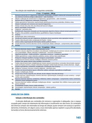 Na coleção são trabalhados os seguintes conteúdos:
                                             4º ano – 17 capítulos – 288 pp.
      Números naturais de 2 e 3 algarismos: ordenação, composição, contagem; sistema de numeração decimal: clas-
1
      ses; sistemas numéricos antigos e alternativos – valor monetário
2     Adição e subtração de números de 2 e 3 algarismos; agrupamentos – valor monetário
3     Números de 4 e 5 algarismos: ordenação, composição
4     Sólidos geométricos: elementos, representação, planificação de prismas, pirâmides, cilindros; vistas.
5     Adição e subtração com números com mais de 4 algarismos
6     Tempo: minuto, hora, dia, mês, ano; leitura de horas em relógios
7     Massa; capacidade; comprimento
8     Polígonos – perímetro; área
9     Multiplicação: disposição retangular, por decomposição, algoritmo; fatores; cálculo mental; aproximações
10.   Ângulos; retas paralelas e perpendiculares; quadriláteros; mapas e localização
11.   Simetria
12.   Multiplicação: ideia combinatória
13.   Divisão por números com até 2 algarismos: dividendo, divisor, quociente, resto; operações inversas
14.   Frações: ideia de parte-todo; comparação de frações – tempo
15.   Leitura, coleta, organização de informações; tabelas; gráficos; chance
16.   Frações decimais; números decimais: escrita, comparação, adição, subtração – comprimento; valor monetário
17.   Revisão
                                             5º ano – 19 capítulos – 320 pp.
1     Números decimais: classes, ordens, decomposição, escrita
      Números naturais: algoritmos da adição e da subtração; multiplicação de números naturais com até 3 algaris-
2
      mos; propriedades: adição, subtração, multiplicação – raciocínio combinatório
3     Algoritmo da divisão – média aritmética – expressões numéricas – medida de capacidade




                                                                                                                         Matemática
4     Sólidos geométricos: corpos redondos, poliedros, arestas, vértices, faces; planificação
5     Polígonos: triângulo equilátero, losango, hexágono; propriedades – perímetro
6     Sequências de números naturais; múltiplos e divisores; números primos
7     Ângulos: reto, agudo, obtuso; retas: paralelas, concorrentes
      Frações: ideia de parte-todo, multiplicação por número natural; nomenclatura: numerador, denominador; represen-
8
      tações de frações: pictórica, notação matemática, linguagem verbal; frações decimais; números decimais – ângulo
9     Frações: equivalentes, irredutíveis, simplificação, comparação; reta numérica
10.   Polígonos: convexos, côncavos; simetria; diagonais – perímetro; área
11.   Frações com denominadores iguais e diferentes: adição, subtração; equivalência; simplificação
12.   Frações: multiplicação, divisão
13.   Tempo: hora, minuto, segundo, ano, década, século; relógios; intervalos de tempo
      Frações decimais: representações; números decimais: representações, localização na reta numérica – compri-
14.
      mento; valor monetário
      Números decimais: décimos, centésimos, milésimos, ordem, comparação – comprimento: metro, centímetro,
15.
      milímetro; massa: quilograma, grama
      Números decimais: adição, subtração, multiplicação, divisão – capacidade: litro, mililitro; massa: grama, quilo-
16.
      grama, tonelada
17.   Probabilidade simples; chance; média aritmética
18.   Porcentagem: representação, cálculo, comparação – tabelas; gráficos
19.   Revisão


ANÁLISE DA OBRA
      Seleção e distribuição dos conteúdos
      A atenção dedicada aos conteúdos de números e operações é adequada, mas o espaço
ocupado pelo campo do tratamento da informação é insuficiente nos dois livros. Os conteúdos
dos diversos campos são retomados ao longo da coleção, quase sempre com avanços e aprofun-
damentos. Entretanto, em alguns casos, essas retomadas apenas repetem o que já foi abordado,
tornando os livros desnecessariamente extensos.



                                                                                                              165
 