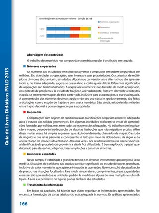 Abordagem dos conteúdos
                                           O trabalho desenvolvido nos campos da matemática escolar é analisado em seguida.
                                        „„ Números e operações
Guia de Livros Didáticos PNLD 2013




                                            Os números são estudados em contextos diversos e ampliados em ordem de grandeza até
                                     milhões. São abordadas as operações, suas inversas e suas propriedades. Os conceitos de múlti-
                                     plos e divisores são, também, estudados. Algoritmos convencionais e alternativos são apresen-
                                     tados e, de forma adequada, sugere-se que o aluno escolha quais utilizar. Diferentes significados
                                     das operações são bem trabalhados. As expressões numéricas são tratadas de modo apropriado,
                                     no contexto de problemas. O estudo de frações é, acertadamente, feito em diferentes contextos
                                     e apoia-se em representações do tipo parte-todo, inclusive para as operações, o que é adequado.
                                     A apresentação dos números decimais apoia-se do seu uso social e, gradativamente, são feitas
                                     articulações com o estudo de frações e com a reta numérica. São, ainda, estabelecidas relações
                                     entre fração decimal e porcentagem, o que é apropriado.
                                        „„ Geometria
                                            Comparações com objetos do cotidiano e suas planificações propiciam contexto adequado
                                     para o estudo dos sólidos geométricos. Em algumas atividades exploram-se vistas de composi-
                                     ções formadas por sólidos, mas nem todas as imagens são adequadas. No trabalho com localiza-
                                     ção e mapas, percebe-se inadequação de algumas ilustrações que não respeitam escalas. Além
                                     disso, muitas vezes, há simples esquemas que são, indevidamente, chamados de mapas. O estudo
                                     de ângulos e das retas paralelas e concorrentes é feito por meio de dobraduras, da régua e da
                                     apresentação de imagens do cotidiano. Algumas vezes, por se utilizarem figuras em perspectiva,
                                     a identificação da propriedade geométrica visada fica dificultada. É bem explorado o papel qua-
                                     driculado para desenhar polígonos, fazer ampliações e construir simetrias.
                                        „„ Grandezas e medidas
                                            Neste campo, é trabalhada a grandeza tempo e os diversos instrumentos para registrá-la ou
                                     medi-la. Situações do cotidiano são usadas para dar significado ao estudo de outras grandezas,
                                     inclusive do valor monetário, que aparece integrado às operações. No entanto, há desatualização
                                     de preços, nas situações focalizadas. Para medir temperaturas, comprimentos, áreas, capacidades
                                     e massas são apresentadas as unidades padrão de medidas e alguns de seus múltiplos e submúl-
                                     tiplos. A área e o perímetro de figuras planas também são estudados.
                                        „„ Tratamento da informação
                                          Em todos os capítulos, há tabelas que visam organizar as informações apresentadas. No
                                     entanto, a formatação de várias tabelas não está adequada às normas. Os gráficos apresentados


                                     166
 