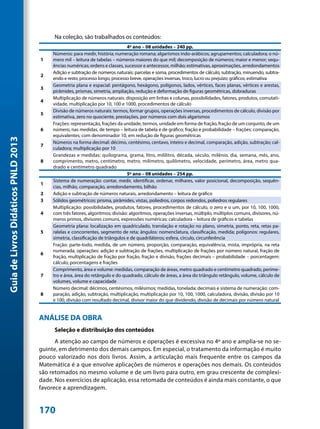 Na coleção, são trabalhados os conteúdos:
                                                                                4º ano – 08 unidades – 240 pp.
                                          Números: para medir, história; numeração romana; algarismos indo-arábicos; agrupamentos; calculadora; o nú-
                                     1    mero mil – leitura de tabelas – números maiores do que mil; decomposição de números; maior e menor; sequ-
                                          ências numéricas; ordens e classes, sucessor e antecessor, milhão; estimativas, aproximações, arredondamentos
                                          Adição e subtração de números naturais: parcelas e soma, procedimentos de cálculo, subtração, minuendo, subtra-
                                     2
                                          endo e resto, processo longo, processo breve, operações inversas, troco, lucro ou prejuízo; gráficos; estimativa
                                          Geometria plana e espacial: pentágono, hexágono, polígonos, lados, vértices, faces planas, vértices e arestas,
                                     3
                                          pirâmides, prismas, simetria, ampliação, redução e deformação de figuras geométricas, dobraduras
                                          Multiplicação de números naturais: disposição em linhas e colunas, possibilidades, fatores, produtos, comutati-
                                     4
                                          vidade, multiplicação por 10, 100 e 1000, procedimentos de cálculo
                                          Divisão de números naturais: termos, formar grupos, operações inversas, procedimentos de cálculo, divisão por
                                     5
                                          estimativa, zero no quociente, prestações, por números com dois algarismos
                                          Frações: representação, frações da unidade, termos, unidade em forma de fração, fração de um conjunto, de um
                                     6    número, nas medidas, de tempo – leitura de tabela e de gráfico; fração e probabilidade – frações: comparação,
                                          equivalentes; com denominador 10, em redução de figuras geométricas
Guia de Livros Didáticos PNLD 2013




                                          Números na forma decimal: décimo, centésimo, centavo, inteiro e decimal, comparação, adição, subtração; cal-
                                     7
                                          culadora; multiplicação por 10
                                          Grandezas e medidas: quilograma, grama, litro, mililitro, década, século, milênio, dia, semana, mês, ano,
                                     8    comprimento, metro, centímetro, metro, milímetro, quilômetro, velocidade, perímetro, área, metro qua-
                                          drado e centímetro quadrado
                                                                                5º ano – 08 unidades – 254 pp.
                                          Sistema de numeração: contar, medir, identificar, ordenar, milhares, valor posicional, decomposição, sequên-
                                     1
                                          cias, milhão, comparação, arredondamento, bilhão
                                     2    Adição e subtração de números naturais, arredondamento – leitura de gráfico
                                     3    Sólidos geométricos: prisma, pirâmides, vistas, poliedros, corpos redondos, poliedros regulares
                                          Multiplicação: possibilidades, produtos, fatores, procedimentos de cálculo, o zero e o um, por 10, 100, 1000,
                                     4    com três fatores, algoritmos; divisão: algoritmos, operações inversas, múltiplo, múltiplos comuns, divisores, nú-
                                          meros primos, divisores comuns, expressões numéricas; calculadora – leitura de gráficos e tabelas
                                          Geometria plana: localização em quadriculado, translação e rotação no plano, simetria, ponto, reta, retas pa-
                                     5    ralelas e concorrentes, segmento de reta; ângulos: nomenclatura, classificação, medida; polígonos: regulares,
                                          simetria, classificação de triângulos e de quadriláteros; esfera, círculo, circunferência
                                          Fração: parte-todo, medida, de um número, proporção, comparação, equivalência, mista, imprópria, na reta
                                          numerada; operações: adição e subtração de frações, multiplicação de frações por número natural, fração de
                                     6
                                          fração, multiplicação de fração por fração, fração e divisão, frações decimais – probabilidade – porcentagem:
                                          cálculo; porcentagens e frações
                                          Comprimento, área e volume: medidas, comparação de áreas, metro quadrado e centímetro quadrado, períme-
                                     7    tro e área, área do retângulo e do quadrado, cálculo de áreas, a área do triângulo retângulo, volume, cálculo de
                                          volumes, volume e capacidade
                                          Número decimal: décimos, centésimos, milésimos; medidas, tonelada; decimais e sistema de numeração: com-
                                     8    paração, adição, subtração, multiplicação, multiplicação por 10, 100, 1000, calculadora, divisão, divisão por 10
                                          e 100, divisão com resultado decimal, divisor maior do que dividendo, divisão de decimais por número natural


                                     ANÁLISE DA OBRA
                                          Seleção e distribuição dos conteúdos
                                           A atenção ao campo de números e operações é excessiva no 4º ano e amplia-se no se-
                                     guinte, em detrimento dos demais campos. Em especial, o tratamento da informação é muito
                                     pouco valorizado nos dois livros. Assim, a articulação mais frequente entre os campos da
                                     Matemática é a que envolve aplicações de números e operações nos demais. Os conteúdos
                                     são retomados no mesmo volume e de um livro para outro, em grau crescente de complexi-
                                     dade. Nos exercícios de aplicação, essa retomada de conteúdos é ainda mais constante, o que
                                     favorece a aprendizagem.


                                     170
 