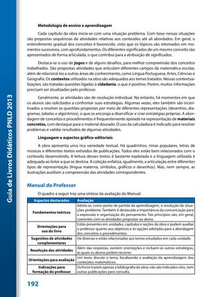 Metodologia de ensino e aprendizagem
                                           Cada capítulo da obra inicia-se com uma situação problema. Com base nessas situações
                                     são propostas sequências de atividades relativas aos conteúdos até ali abordados. Em geral, o
                                     entendimento gradual dos conceitos é favorecido, visto que os tópicos são retomados em mo-
                                     mentos sucessivos, com aprofundamentos. Os diferentes significados de um mesmo conceito são
                                     apresentados de forma articulada, o que contribui para a atribuição de significados.
                                           Destaca-se o uso de jogos e de alguns desafios, para melhor compreensão dos conceitos
                                     trabalhados. São propostas atividades que articulam diferentes campos da matemática escolar,
                                     além de relacioná-los a outras áreas de conhecimento, como Língua Portuguesa, Artes, Ciências e
                                     Geografia. Os contextos utilizados na obra são adequados aos temas tratados. Nessas contextua-
                                     lizações, são tratadas questões ligadas à cidadania, o que é positivo. Porém, muitas informações
                                     precisam ser atualizadas pelo professor.
Guia de Livros Didáticos PNLD 2013




                                           Geralmente, as atividades são de resolução individual. No entanto, há momentos em que
                                     os alunos são solicitados a confrontar suas estratégias. Algumas vezes, eles também são incen-
                                     tivados a resolver as questões propostas por meio de diferentes representações (desenhos, dia-
                                     gramas, tabelas e algoritmos), o que os encoraja a diversificar e criar estratégias próprias. A abor-
                                     dagem de conceitos e procedimentos é frequentemente apoiada na representação de materiais
                                     concretos, com destaque para o material dourado. O uso da calculadora é indicado para resolver
                                     problemas e validar resultados de algumas atividades.
                                           Linguagem e aspectos gráfico-editoriais
                                            A obra apresenta uma rica variedade textual. Há quadrinhos, rimas populares, letras de
                                     músicas e diferentes textos extraídos de publicações. Todos eles estão bem relacionados com o
                                     conteúdo desenvolvido. A leitura desses textos é bastante explorada e a linguagem utilizada é
                                     adequada ao leitor a que se destina. A coleção enfatiza, igualmente, a articulação entre diferentes
                                     tipos de representação (língua materna, símbolos, gráficos e desenhos). Mas, nem sempre, as
                                     ilustrações auxiliam a compreensão das atividades correspondentes.


                                     Manual do Professor
                                           O quadro a seguir traz uma síntese da avaliação do Manual:
                                         Aspectos destacados       Avaliação
                                                                   Adota-se, como ponto de partida da aprendizagem, a resolução de situa-
                                                                   ções problema. Também é destacada a importância da comunicação para
                                        Fundamentos teóricos
                                                                   a expressão e organização do pensamento. Tais princípios são, em geral,
                                                                   coerentes com as atividades propostas ao aluno.
                                                                   Estão presentes em unidades, capítulos e seções da obra e podem auxiliar
                                           Orientações para
                                                                   o professor quanto aos objetivos e às opções adotadas para a abordagem
                                             uso do livro
                                                                   dos conceitos e procedimentos.
                                       Sugestões de atividades     Há diversas e estão relacionadas aos temas estudados em cada unidade.
                                          complementares
                                                                Além das respostas, existem orientações e incluem-se outras estratégias,
                                      Resolução das atividades
                                                                às quais os alunos podem recorrer.
                                                                Um texto discute o tema, focalizando a avaliação da aprendizagem dos
                                     Orientações para avaliação
                                                                conteúdos matemáticos.
                                          Indicações para       Os livros trazem apenas a bibliografia da obra; não são indicados sites, nem
                                       formação do professor    outras publicações para consulta.


                                     192
 