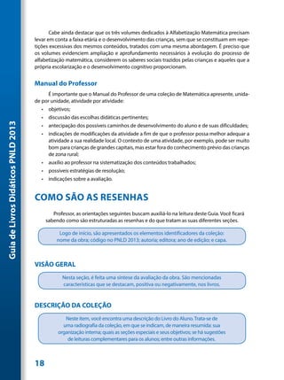 Cabe ainda destacar que os três volumes dedicados à Alfabetização Matemática precisam
                                     levar em conta a faixa etária e o desenvolvimento das crianças, sem que se constituam em repe-
                                     tições excessivas dos mesmos conteúdos, tratados com uma mesma abordagem. É preciso que
                                     os volumes evidenciem ampliação e aprofundamento necessários à evolução do processo de
                                     alfabetização matemática, considerem os saberes sociais trazidos pelas crianças e aqueles que a
                                     própria escolarização e o desenvolvimento cognitivo proporcionam.


                                     Manual do Professor
                                           É importante que o Manual do Professor de uma coleção de Matemática apresente, unida-
                                     de por unidade, atividade por atividade:
                                        •	 objetivos;
                                        •	 discussão das escolhas didáticas pertinentes;
Guia de Livros Didáticos PNLD 2013




                                        •	 antecipação dos possíveis caminhos de desenvolvimento do aluno e de suas dificuldades;
                                        •	 indicações de modificações da atividade a fim de que o professor possa melhor adequar a
                                           atividade a sua realidade local. O contexto de uma atividade, por exemplo, pode ser muito
                                           bom para crianças de grandes capitais, mas estar fora do conhecimento prévio das crianças
                                           de zona rural;
                                        •	 auxílio ao professor na sistematização dos conteúdos trabalhados;
                                        •	 possíveis estratégias de resolução;
                                        •	 indicações sobre a avaliação.


                                     COMO SÃO AS RESENHAS
                                             Professor, as orientações seguintes buscam auxiliá-lo na leitura deste Guia. Você ficará
                                          sabendo como são estruturadas as resenhas e do que tratam as suas diferentes seções.

                                                Logo de início, são apresentados os elementos identificadores da coleção:
                                               nome da obra; código no PNLD 2013; autoria; editora; ano de edição; e capa.



                                     VISÃO GERAL
                                                 Nesta seção, é feita uma síntese da avaliação da obra. São mencionadas
                                                 características que se destacam, positiva ou negativamente, nos livros.



                                     DESCRIÇÃO DA COLEÇÃO
                                                  Neste item, você encontra uma descrição do Livro do Aluno. Trata-se de
                                                 uma radiografia da coleção, em que se indicam, de maneira resumida: sua
                                               organização interna; quais as seções especiais e seus objetivos; se há sugestões
                                                   de leituras complementares para os alunos; entre outras informações.



                                     18
 
