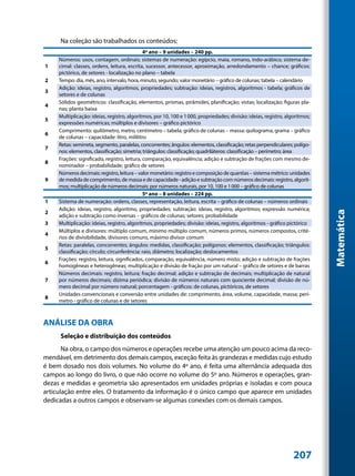 Na coleção são trabalhados os conteúdos:
                                              4º ano – 9 unidades – 240 pp.
     Números: usos, contagem, ordinais; sistemas de numeração: egípcio, maia, romano, indo-arábico; sistema de-
1    cimal: classes, ordens, leitura, escrita, sucessor, antecessor, aproximação, arredondamento – chance; gráficos:
     pictórico, de setores - localização no plano – tabela
2    Tempo: dia, mês, ano, intervalo, hora, minuto, segundo; valor monetário – gráfico de colunas; tabela – calendário
     Adição: ideias, registro, algoritmos, propriedades; subtração: ideias, registros, algoritmos - tabela; gráficos de
3
     setores e de colunas
     Sólidos geométricos: classificação, elementos, prismas, pirâmides, planificação; vistas; localização; figuras pla-
4
     nas; planta baixa
     Multiplicação: ideias, registro, algoritmos, por 10, 100 e 1 000, propriedades; divisão: ideias, registro, algoritmos;
5
     expressões numéricas; múltiplos e divisores – gráfico pictórico
     Comprimento: quilômetro, metro, centímetro – tabela; gráfico de colunas – massa: quilograma, grama – gráfico
6
     de colunas – capacidade: litro, mililitro
     Retas: semirreta, segmento, paralelas, concorrentes; ângulos: elementos, classificação; retas perpendiculares; polígo-
7
     nos: elementos, classificação; simetria; triângulos: classificação; quadriláteros: classificação – perímetro; área
     Frações: significado, registro, leitura, comparação, equivalência; adição e subtração de frações com mesmo de-
8
     nominador – probabilidade; gráfico de setores
     Números decimais: registro, leitura – valor monetário: registro e composição de quantias – sistema métrico: unidades
9    de medida de comprimento, de massa e de capacidade - adição e subtração com números decimais: registro, algorit-
     mos; multiplicação de números decimais: por números naturais, por 10, 100 e 1 000 – gráfico de colunas
                                              5º ano – 8 unidades – 224 pp.
1    Sistema de numeração: ordens, classes, representação, leitura, escrita – gráfico de colunas – números ordinais
     Adição: ideias, registro, algoritmo, propriedades; subtração: ideias, registro, algoritmos; expressão numérica;
2




                                                                                                                              Matemática
     adição e subtração como inversas – gráficos de colunas; setores; probabilidade
3    Multiplicação: ideias, registro, algoritmos, propriedades; divisão: ideias, registro, algoritmos - gráfico pictórico
     Múltiplos e divisores: múltiplo comum, mínimo múltiplo comum, números primos, números compostos, crité-
4
     rios de divisibilidade, divisores comuns, máximo divisor comum
     Retas: paralelas, concorrentes; ângulos: medidas, classificação; polígonos: elementos, classificação; triângulos:
5
     classificação; círculo; circunferência: raio, diâmetro; localização; deslocamentos
     Frações: registro, leitura, significados, comparação, equivalência, número misto; adição e subtração de frações
6
     homogêneas e heterogêneas; multiplicação e divisão de fração por um natural – gráfico de setores e de barras
     Números decimais: registro, leitura; fração decimal; adição e subtração de decimais; multiplicação de natural
7    por números decimais; dízima periódica; divisão de números naturais com quociente decimal; divisão de nú-
     mero decimal por número natural; porcentagem - gráficos: de colunas, pictóricos, de setores
     Unidades convencionais e conversão entre unidades de: comprimento, área, volume, capacidade, massa; perí-
8
     metro - gráfico de colunas e de setores



ANÁLISE DA OBRA
     Seleção e distribuição dos conteúdos
       Na obra, o campo dos números e operações recebe uma atenção um pouco acima da reco-
mendável, em detrimento dos demais campos, exceção feita às grandezas e medidas cujo estudo
é bem dosado nos dois volumes. No volume do 4º ano, é feita uma alternância adequada dos
campos ao longo do livro, o que não ocorre no volume do 5º ano. Números e operações, gran-
dezas e medidas e geometria são apresentados em unidades próprias e isoladas e com pouca
articulação entre eles. O tratamento da informação é o único campo que aparece em unidades
dedicadas a outros campos e observam-se algumas conexões com os demais campos.




                                                                                                                   207
 