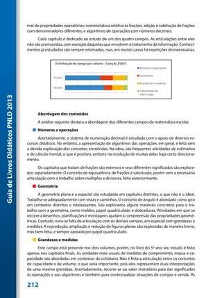 mal de propriedades operatórias; nomenclatura relativa às frações; adição e subtração de frações
                                     com denominadores diferentes; e algoritmos de operações com números decimais.
                                           Cada capítulo é dedicado ao estudo de um dos quatro campos. As articulações entre eles
                                     não são promovidas, com exceção daquelas que envolvem o tratamento da informação. Conheci-
                                     mentos já estudados são sempre retomados, mas, em muitos casos há repetições desnecessárias.
Guia de Livros Didáticos PNLD 2013




                                           Abordagem dos conteúdos
                                           A análise seguinte destaca a abordagem dos diferentes campos da matemática escolar.
                                        „„ Números e operações
                                           Acertadamente, o sistema de numeração decimal é estudado com o apoio de diversos re-
                                     cursos didáticos. No entanto, a apresentação de algoritmos das operações, em geral, é feita sem
                                     a devida exploração dos conceitos envolvidos. Na obra, são frequentes atividades de estimativa
                                     e de cálculo mental, o que é positivo, embora na resolução de muitas delas haja certo direciona-
                                     mento.
                                            Os capítulos que tratam de frações são extensos e seus diferentes significados são explora-
                                     dos separadamente. O conceito de equivalência de frações é valorizado, porém sem a necessária
                                     articulação com o trabalho sobre múltiplos e divisores, feito anteriormente.
                                        „„ Geometria
                                             A geometria plana e a espacial são estudadas em capítulos distintos, o que não é o ideal.
                                     Trabalha-se adequadamente com vistas e caminhos. O conceito de ângulo é abordado como giro
                                     em contextos distintos e interessantes. São explorados alguns materiais concretos para o tra-
                                     balho com a geometria, como moldes, papel quadriculado e dobraduras. Atividades em que se
                                     recorre a desenhos, planificações e montagens ajudam à compreensão das propriedades geomé-
                                     tricas. Contudo, nota-se falta de articulação com os demais campos, em especial com grandezas e
                                     medidas. A reprodução, ampliação e redução de figuras planas são exploradas de maneira breve,
                                     mas bem feita, e sempre apoiada por papel quadriculado.
                                        „„ Grandezas e medidas
                                           Este campo está presente nos dois volumes, porém, no livro do 5º ano seu estudo é feito
                                     apenas nos capítulos finais. As unidades mais usuais de medidas de comprimento, massa e ca-
                                     pacidade são abordadas em contextos do cotidiano. Não é feita a articulação entre os conceitos
                                     de capacidade e de volume, o que seria importante, pois eles representam duas interpretações
                                     de uma mesma grandeza. Acertadamente, recorre-se ao valor monetário para dar significados
                                     às operações e aos algoritmos e também para contextualizar situações de compra e venda. As

                                     212
 