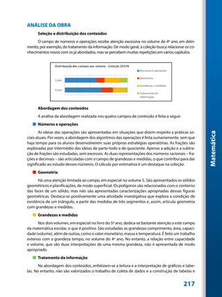 ANÁLISE DA OBRA
      Seleção e distribuição dos conteúdos
     O campo de números e operações recebe atenção excessiva no volume do 4º ano, em detri-
mento, por exemplo, do tratamento da informação. De modo geral, a coleção busca relacionar os co-
nhecimentos novos com os já abordados, mas se percebem muitas repetições em vários capítulos.




      Abordagem dos conteúdos
      A análise da abordagem realizada nos quatro campos de conteúdo é feita a seguir.
   „„ Números e operações
       As ideias das operações são apresentadas em situações que dizem respeito a práticas so-




                                                                                                    Matemática
ciais atuais. Por vezes, a abordagem dos algoritmos das operações é feita sumariamente, sem que
haja tempo para os alunos desenvolverem suas próprias estratégias operatórias. As frações são
exploradas por intermédio das ideias de parte-todo e de quociente. Apenas a adição e a subtra-
ção de frações são estudadas, sem excessos. As duas representações dos números racionais – fra-
ções e decimais – são articuladas com o campo de grandezas e medidas, o que contribui para dar
significado ao estudo desses números. O cálculo por estimativa é um destaque na coleção.
   „„ Geometria
      Há uma atenção limitada ao campo, em especial no volume 5. São apresentados os sólidos
geométricos e planificações, de modo superficial. Os polígonos são relacionados com o contorno
das faces de um sólido, mas não são apresentadas caracterizações apropriadas dessas figuras
geométricas. Destaca-se positivamente uma atividade investigativa que explora a condição de
existência de um triângulo, a partir das medidas de três segmentos e, assim, articula geometria
com grandezas e medidas.
   „„ Grandezas e medidas
      Nos dois volumes, em especial no livro do 5º ano, dedica-se bastante atenção a este campo
da matemática escolar, o que é positivo. São estudadas as grandezas comprimento, área, capaci-
dade (volume), além de outras, como o valor monetário, massa e temperatura. É feito um trabalho
extenso com a grandeza tempo, no volume do 4º ano. No entanto, a relação entre capacidade
e volume, que são duas interpretações de uma mesma grandeza, não é apresentada de modo
apropriado.
   „„ Tratamento da informação
       Na abordagem dos conteúdos, enfatizam-se a leitura e a interpretação de gráficos e tabe-
las. No entanto, não são valorizados o trabalho de coleta de dados e a construção de tabelas e


                                                                                          217
 