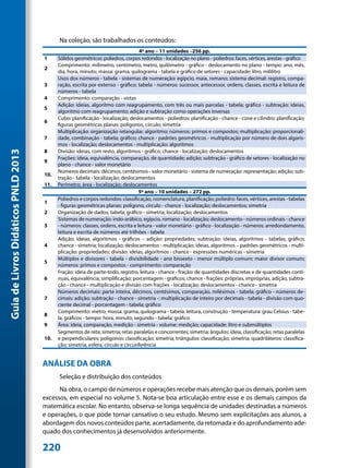 Na coleção, são trabalhados os conteúdos:
                                                                                   4º ano – 11 unidades –256 pp.
                                     1     Sólidos geométricos: poliedros, corpos redondos - localização no plano - poliedros: faces, vértices, arestas - gráfico
                                           Comprimento: milímetro, centímetro, metro, quilômetro - gráfico - deslocamento no plano - tempo: ano, mês,
                                     2
                                           dia, hora, minuto; massa: grama, quilograma - tabela e gráfico de setores - capacidade: litro, mililitro
                                           Usos dos números - tabela - sistemas de numeração: egípcio, maia, romano; sistema decimal: registro, compa-
                                     3     ração, escrita por extenso - gráfico; tabela - números: sucessor, antecessor, ordens, classes, escrita e leitura de
                                           números - tabela
                                     4     Comprimento: comparação - vistas
                                           Adição: ideias, algoritmo com reagrupamento, com três ou mais parcelas - tabela; gráfico - subtração: ideias,
                                     5
                                           algoritmo com reagrupamento; adição e subtração como operações inversas
                                           Cubo: planificação - localização; deslocamentos - poliedros: planificação - chance - cone e cilindro: planificação;
                                     6
                                           figuras geométricas planas: polígonos, círculo; simetria
                                           Multiplicação: organização retangular, algoritmo; números: primos e compostos; multiplicação: proporcionali-
                                     7     dade, combinação - tabela; gráfico; chance - padrões geométricos - multiplicação por número de dois algaris-
                                           mos - localização; deslocamentos - multiplicação: algoritmos
                                     8     Divisão: ideias, com resto, algoritmos - gráfico; chance - localização; deslocamentos
Guia de Livros Didáticos PNLD 2013




                                           Frações: ideia, equivalência, comparação, de quantidade; adição; subtração - gráfico de setores - localização no
                                     9
                                           plano - chance - valor monetário
                                           Números decimais: décimos, centésimos - valor monetário - sistema de numeração: representação; adição; sub-
                                     10.
                                           tração - tabela - localização; deslocamentos
                                     11.   Perímetro; área - localização; deslocamentos
                                                                                  5º ano – 10 unidades – 272 pp.
                                           Poliedros e corpos redondos: classificação, nomenclatura, planificação; poliedro: faces, vértices, arestas - tabelas
                                     1
                                           - figuras geométricas planas: polígono, círculo - chance - localização; deslocamentos; simetria
                                     2     Organização de dados; tabela; gráfico - simetria; localização; deslocamentos
                                           Sistemas de numeração: indo-arábico, egípcio, romano - localização; deslocamento - números ordinais - chance
                                     3     - números: classes, ordens, escrita e leitura - valor monetário - gráfico - localização - números: arredondamento,
                                           leitura e escrita de números até trilhões - tabela
                                           Adição: ideias, algoritmos - gráficos – adição: propriedades; subtração: ideias, algoritmos - tabelas; gráfico;
                                     4     chance - simetria; localização; deslocamentos - multiplicação: ideias, algoritmos – padrões geométricos - multi-
                                           plicação: propriedades; divisão: ideias, algoritmos - chance - expressões numéricas - simetria
                                           Múltiplos e divisores - tabela - divisibilidade - ano bissexto - menor múltiplo comum; maior divisor comum;
                                     5
                                           números: primos e compostos - comprimento: comparação
                                           Fração: ideia de parte-todo, registro, leitura - chance - fração: de quantidades discretas e de quantidades contí-
                                     6     nuas, equivalência, simplificação; porcentagem - gráficos; chance - frações: próprias, impróprias, adição, subtra-
                                           ção - chance - multiplicação e divisão com frações - localização; deslocamentos - chance - simetria
                                           Números decimais: parte inteira, décimos, centésimos, comparação, milésimos - tabela; gráfico - números de-
                                     7     cimais: adição; subtração - chance - simetria -: multiplicação de inteiro por decimais - tabela - divisão com quo-
                                           ciente decimal - porcentagem - tabela; gráfico
                                           Comprimento: metro; massa: grama, quilograma - tabela: leitura, construção - temperatura: grau Celsius - tabe-
                                     8
                                           la; gráficos - tempo: hora, minuto, segundo - tabela; gráfico
                                     9     Área: ideia, comparação, medição - simetria - volume: medição; capacidade: litro e submúltiplos
                                           Segmentos de reta; simetria; retas paralelas e concorrentes; simetria; ângulos: ideia, classificação; retas paralelas
                                     10.   e perpendiculares; polígonos: classificação; simetria; triângulos: classificação; simetria; quadriláteros: classifica-
                                           ção; simetria; esfera, círculo e circunferência


                                     ANÁLISE DA OBRA
                                           Seleção e distribuição dos conteúdos
                                           Na obra, o campo de números e operações recebe mais atenção que os demais, porém sem
                                     excessos, em especial no volume 5. Nota-se boa articulação entre esse e os demais campos da
                                     matemática escolar. No entanto, observa-se longa sequência de unidades destinadas a números
                                     e operações, o que pode tornar cansativo o seu estudo. Mesmo sem explicitações aos alunos, a
                                     abordagem dos novos conteúdos parte, acertadamente, da retomada e do aprofundamento ade-
                                     quado dos conhecimentos já desenvolvidos anteriormente.

                                     220
 
