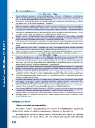 Na coleção, trabalham-se:
                                                                               4º ano – 08 unidades – 240 pp.
                                          Espaço: localização e percepção – comparação de grandezas – estimativa – linha do tempo – subtração com
                                     1    milhares; multiplicação: fatores, propriedades, disposição retangular, expressões; subtração: estratégias de cál-
                                          culo – localização por coordenadas em mapas; lateralidade
                                          Multiplicação: expressões, tabuadas – hora, minuto; operações – coordenadas: localização – fração: metade,
                                     2
                                          quarta parte, sexta parte – figuras geométricas – estimativas
                                          Milhar: decomposição; adição e multiplicação até 1 000 – comprimento: milímetro, centímetro, metro, quilôme-
                                     3    tro; massa: tonelada; valor monetário – divisões exatas e não exatas – possibilidades – divisão como distribui-
                                          ção; localização dos milhares na reta numérica – linha do tempo: subtração com datas – algoritmo da subtração
                                          Quadriláteros: lados paralelos, trapézio, retângulo; círculos: centro, raio, diâmetro, traçado; ângulo reto – frações
                                     4
                                          no círculo – esfera – massa: grama, quilograma; medidas na esfera – cálculo mental
                                          Usos dos números – tabela de dupla entrada; gráfico de barras – comprimento: frações, adição e subtração,
                                     5    unidades não convencionais, conversão de medidas – estimativas de medidas e de cálculos – fração: oitavos –
                                          tempo: instrumentos de medida, fracionamento – estratégias de multiplicação
Guia de Livros Didáticos PNLD 2013




                                          Cone; cilindro; blocos retangulares; paralelismo e perpendicularidade; ângulo reto, planificações; quadrados;
                                     6    retângulos; cubo – multiplicação: disposição retangular, propriedades– área do retângulo – algoritmos; cálculo
                                          mental
                                          Divisão exata: partes iguais; frações – equivalência de massa – simetria, eixo de simetria – números: proprieda-
                                     7
                                          des – média aritmética – expressões numéricas – gráfico de barras – cálculo mental
                                          Massa – expressões numéricas; multiplicação: disposição retangular, propriedade distributiva, estimativas; divi-
                                     8
                                          são: distribuição, quociente, resto – área: centímetro quadrado, do retângulo – subtração: estratégias
                                                                                5º ano – 08 unidades – 240 pp.
                                          Adição com várias parcelas, operações inversas: multiplicação e divisão; antecessor e sucessor; adição; cálculo
                                     1
                                          mental; multiplicação por 10 e múltiplos de 10 – probabilidade, chance – frações, cálculo mental
                                          Comprimento: metro, régua, aproximações, estimativas; medidas de massa: grama, quilograma, tonelada – ân-
                                     2    gulos: graus, ângulo de 360º; polígonos regulares; hexágono regular: propriedade, construção; ângulos: trans-
                                          feridor; simetria; polígonos: pentágono, quadriláteros – cálculo mental
                                          Organização de dados; gráfico; porcentagem; comprimento: medidas, ordenação, aproximação – milhões; arre-
                                     3    dondamento; porcentagens: representação, usos, relação com fração – figuras geométricas: proporções – pos-
                                          sibilidades – perímetro – estimativas, cálculo mental
                                          Planta baixa: escala; comprimento: instrumentos de medida – multiplicação – ideia de volume – divisão: por
                                          subtrações sucessivas, não exata – ângulos – comprimento: centímetro, o metro e suas frações; medidas: deci-
                                     4
                                          mais, operações; perímetro; área – tabelas: construção – capacidade; área – fração: numerador, denominador,
                                          leitura, porcentagem; cálculo mental
                                          Pesquisa e coleta de dados – frações de intervalos de tempo – frações de mesmo denominador: adição; divisão;
                                     5    porcentagem – comprimento – gráficos – grandezas: capacidade, massa, temperatura – reta numérica: deci-
                                          mais; multiplicação; múltiplos; divisores; divisão exata e não exata; cálculo mental
                                          Valor monetário; massa; tempo; temperatura: negativa, medidas – adição de frações de mesmo denominador –
                                     6
                                          grandezas: massa, capacidade – proporcionalidade – algoritmo da divisão; cálculo mental
                                          Área: unidades padronizadas, frações, estimativas, em escala, de polígonos em malhas, de polígonos; grande-
                                     7
                                          zas: capacidade, massa; frações; operações com medidas – gráficos de setores – cálculo mental
                                          Relações numéricas: transformações, composições, inversas; números naturais na calculadora: operações, pro-
                                     8    priedades, sequências, tabuadas; números decimais – média – multiplicações e divisões sucessivas por potên-
                                          cias de 10; cálculo mental


                                     ANÁLISE DA OBRA
                                          Seleção e distribuição dos conteúdos
                                            O campo de números e operações é estudado em cerca de metade da obra, o que é elogiá-
                                     vel. No entanto, o tratamento da informação é pouco valorizado nos dois volumes.
                                         Em cada unidade da coleção, há um contexto predominante e os tópicos dos diferentes
                                     campos são abordados em relação estreita com esse contexto. Um exemplo desses contextos


                                     238
 